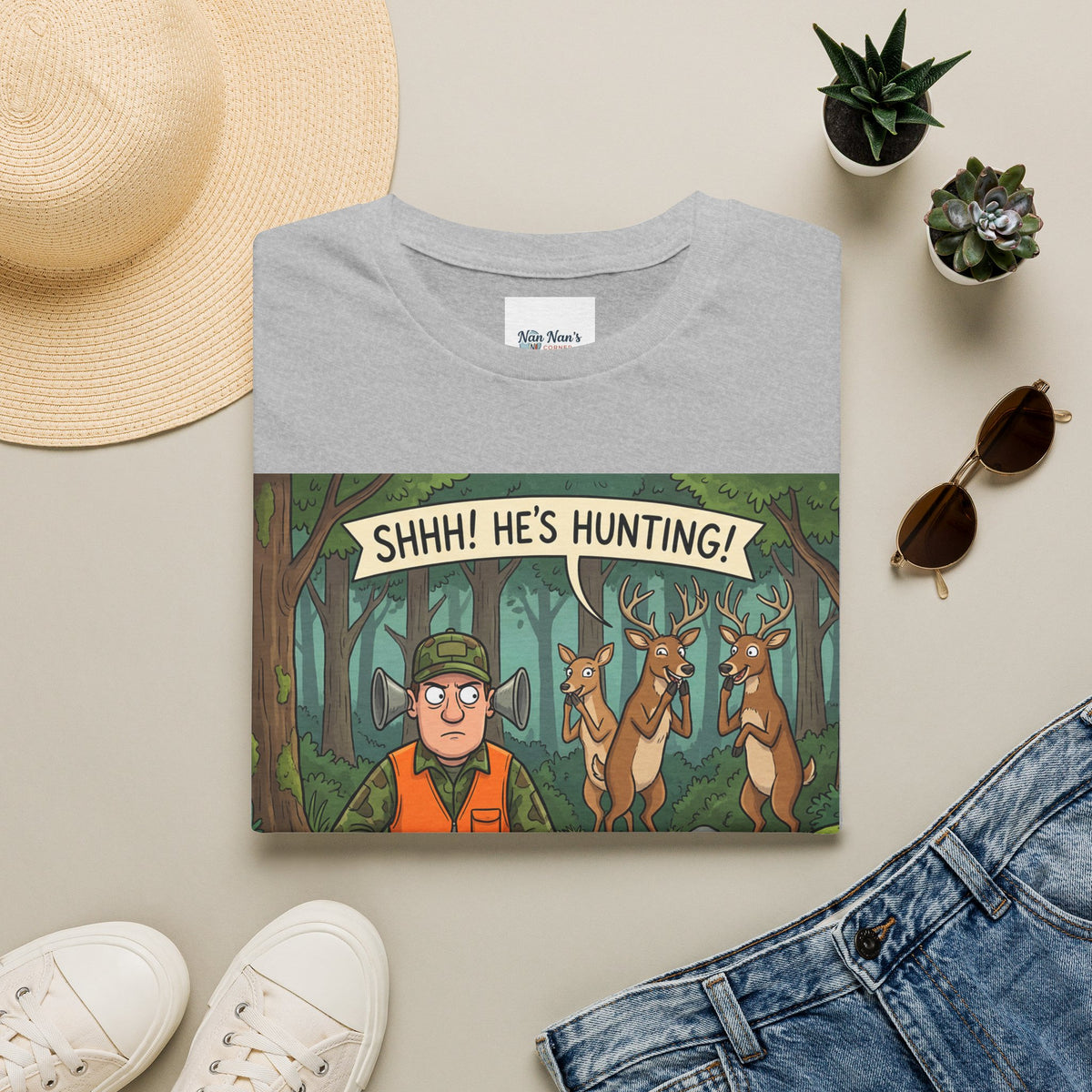 Shhh He's Hunting Unisex Graphic T-Shirt – Novelty Hunter Cotton Tee