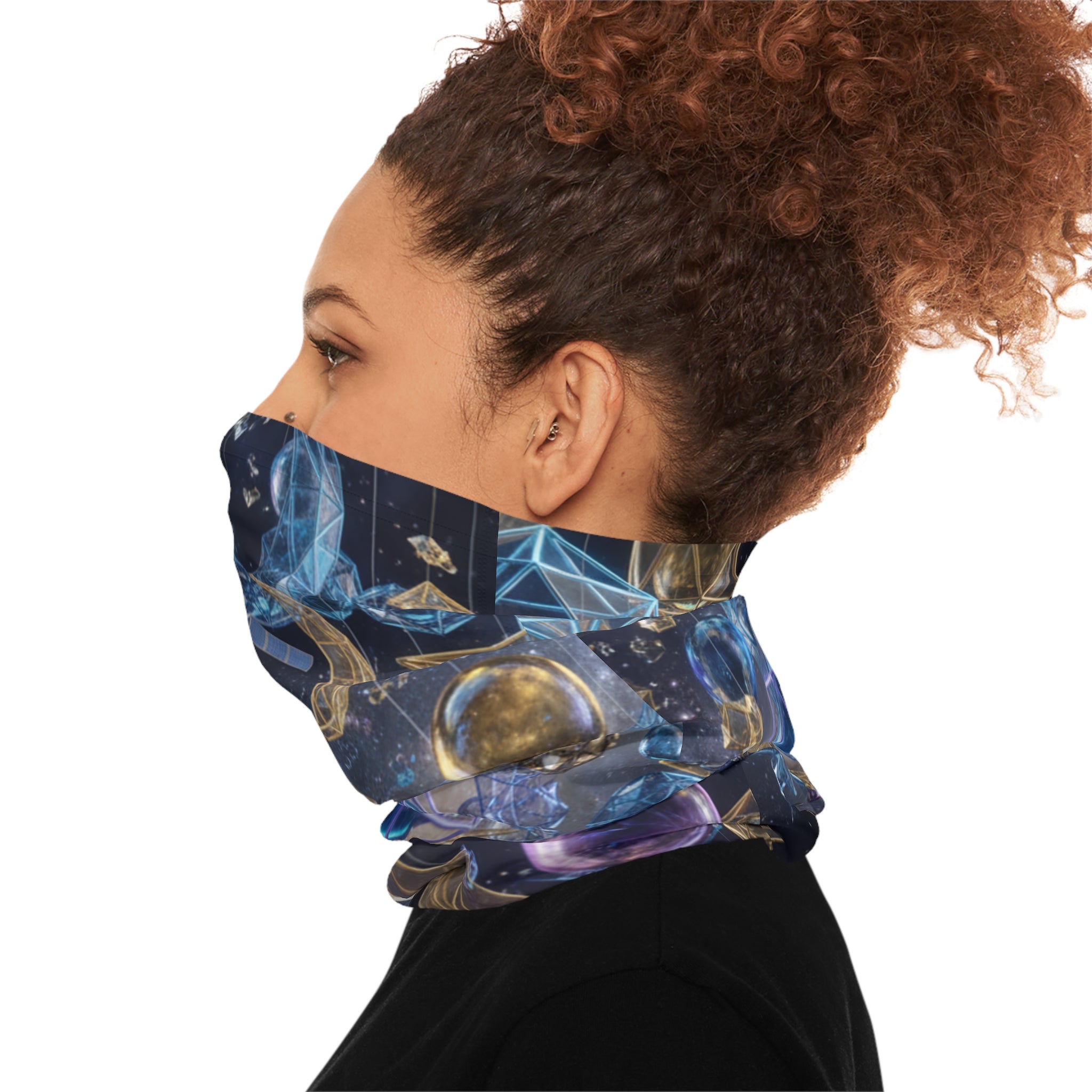 Cosmic Geometry Neck Gaiter | Celestial Moon & Crystal Orbs