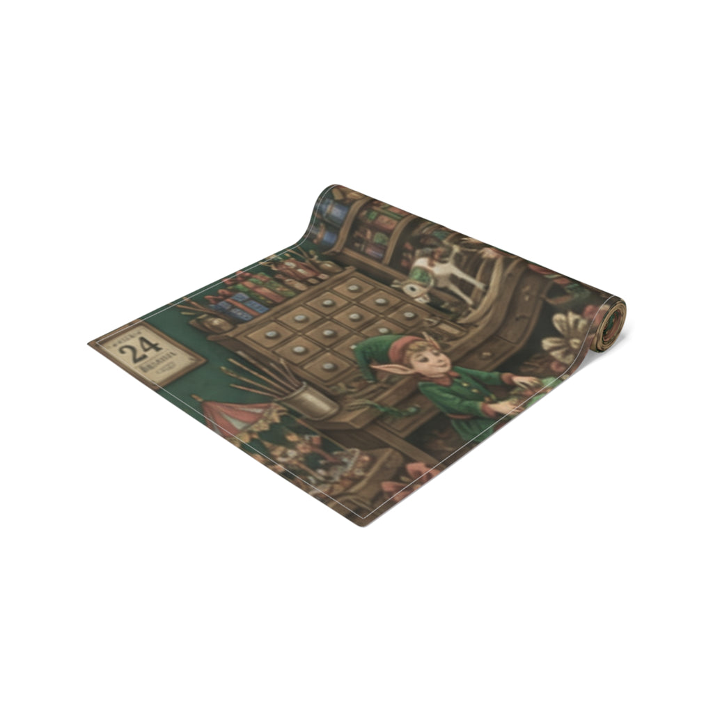 Santas Workshop Scene Table Runner | Santa, Elves & Reindeer Holiday Decor