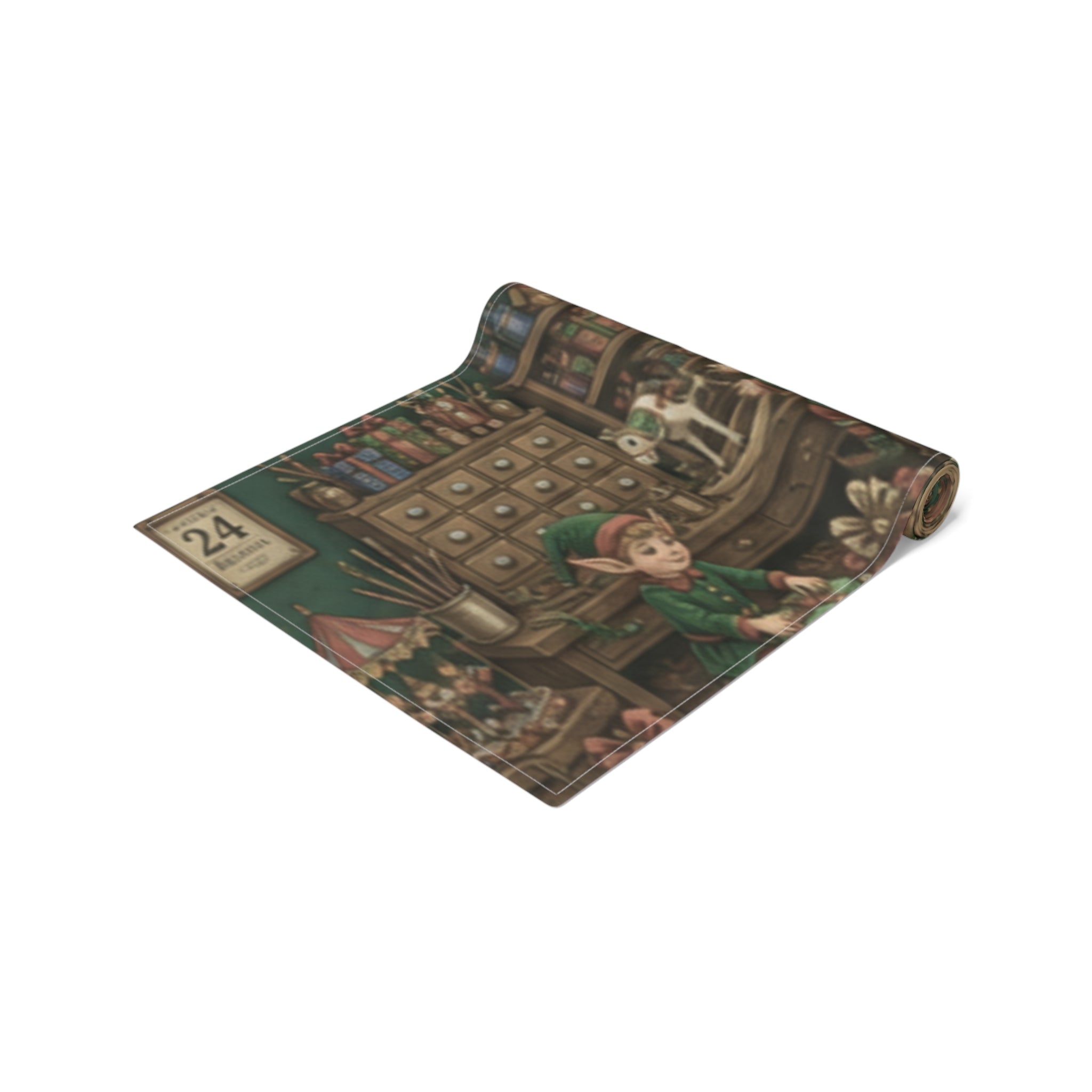 Santas Workshop Scene Table Runner | Santa, Elves & Reindeer Holiday Decor