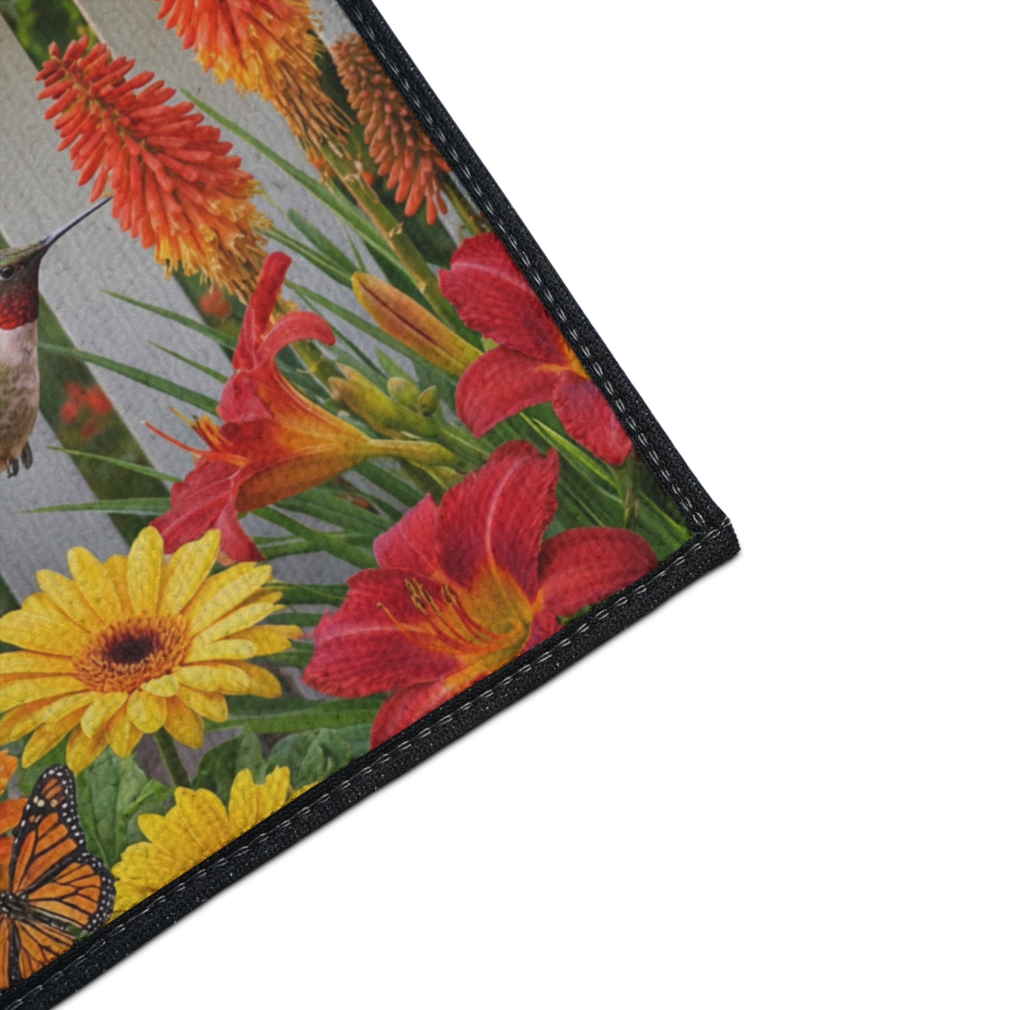 Hummingbirds and Wildflowers Floor Mat | Garden Fence Floral Doormat