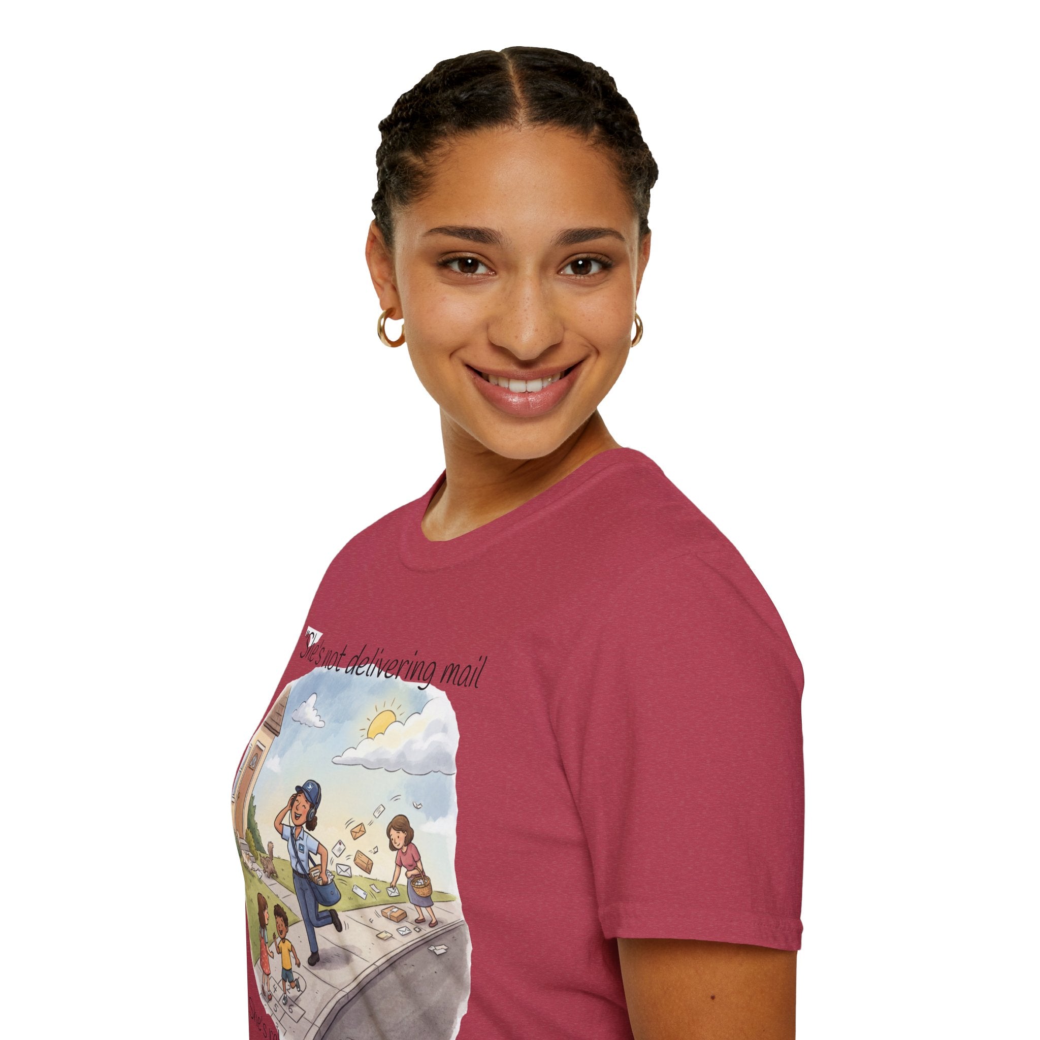 T‑Shirt – "She’s not delivering mail, she’s delivering a little wind" Cute Postal Worker Illustration Tee