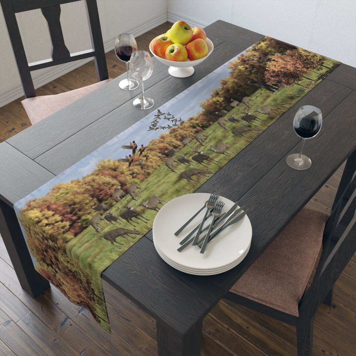 Fall Deer Table Runner | Autumn Wildlife Dining Decor (Cotton & Poly)