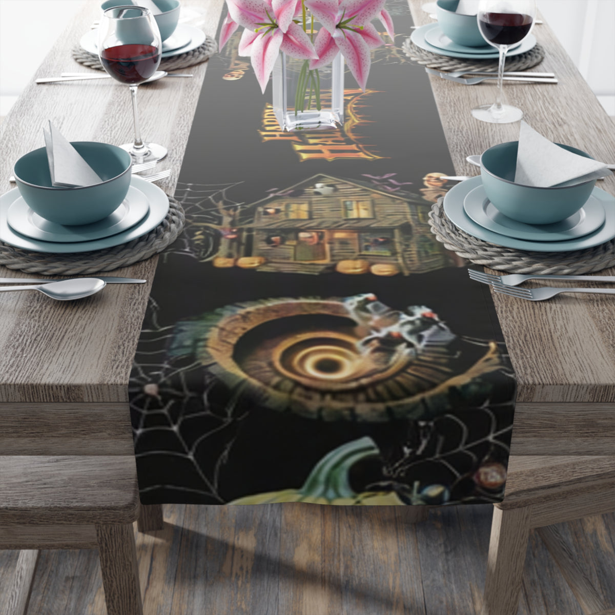 Gothic Haunted House Table Runner | Jack-O'-Lanterns & Cobwebs – Halloween Decor