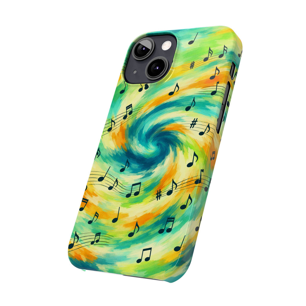 Music Notes Swirl Slim Phone Case | Colorful Turquoise Yellow Galaxy