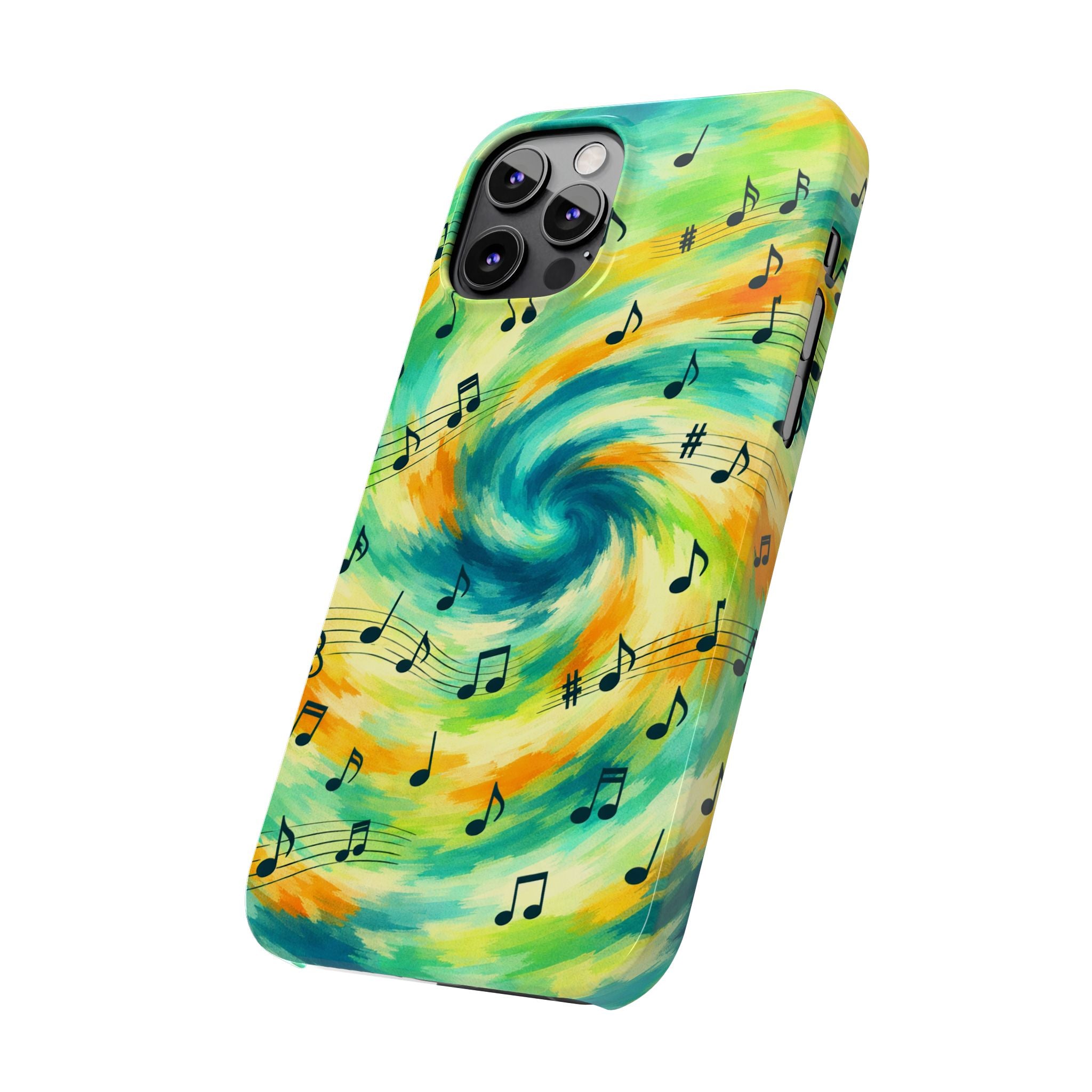 Music Notes Swirl Slim Phone Case | Colorful Turquoise Yellow Galaxy
