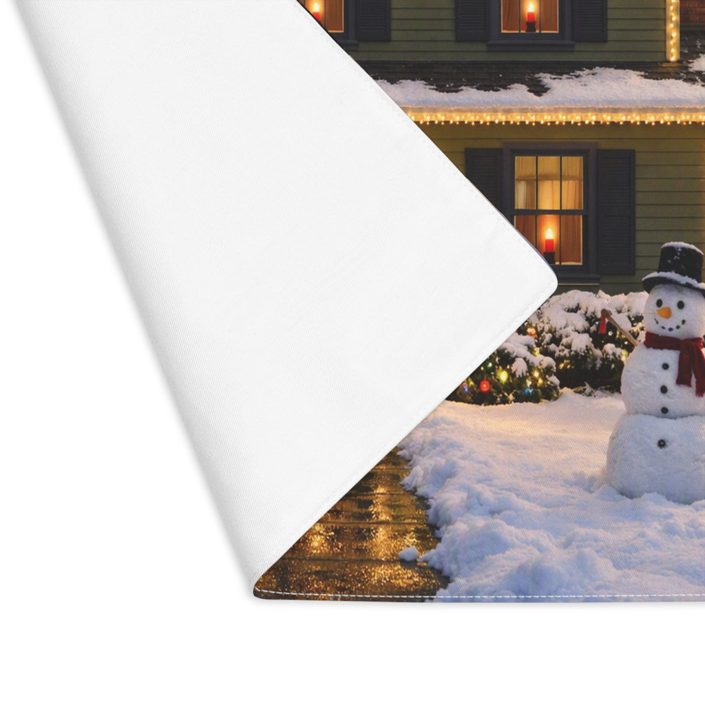 Cozy Snowy House Christmas Placemat | Holiday Winter Scene, Snowman