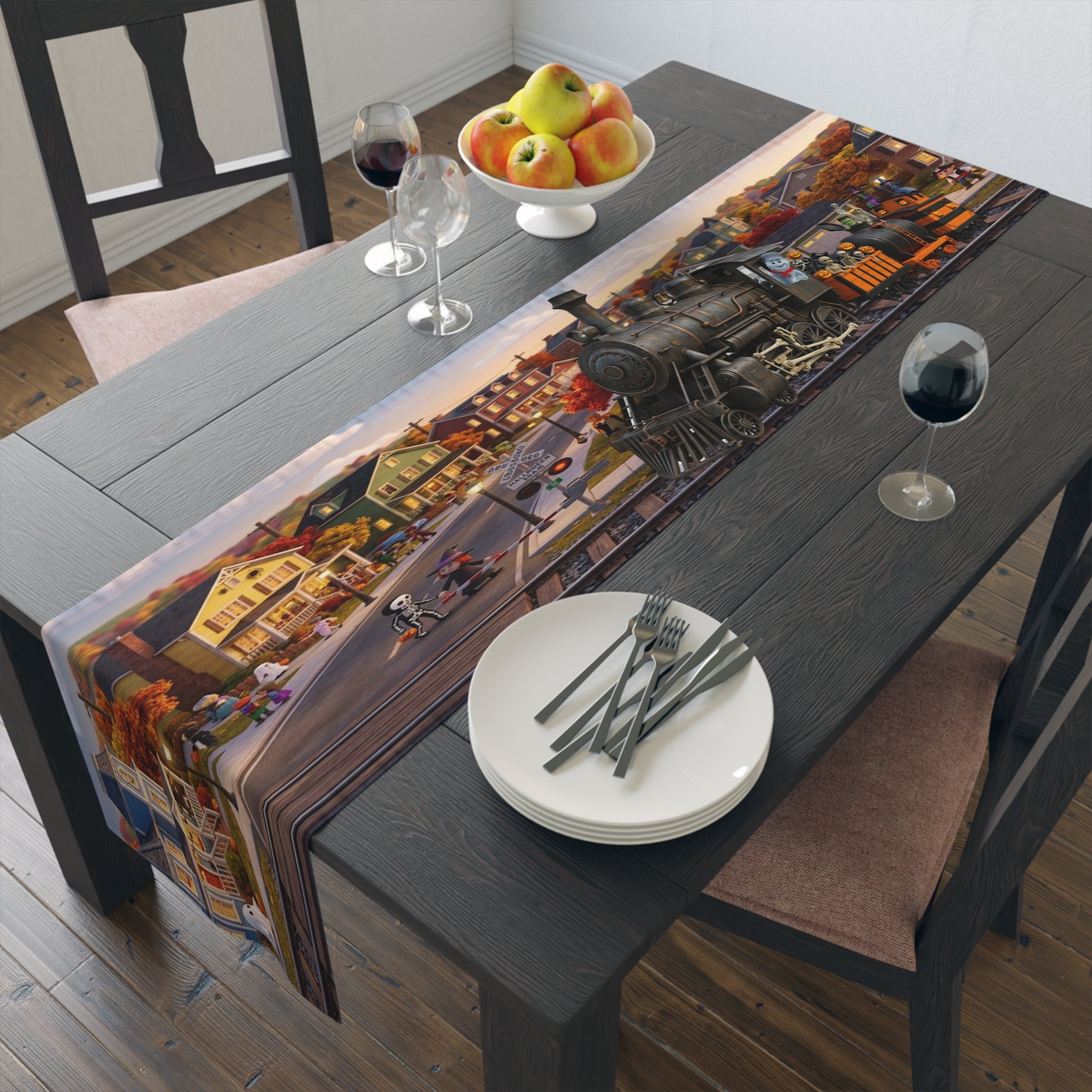 Vintage Steam Train Village Table Runner
