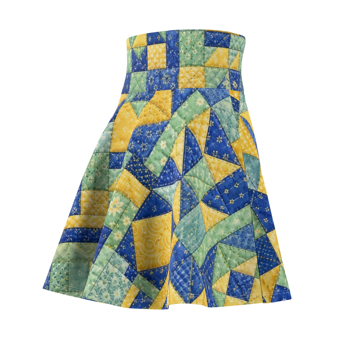 Patchwork Quilt Pattern Skater Skirt | Blue Yellow Green Cottagecore