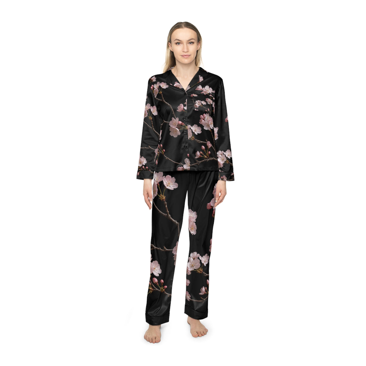 Pink Cherry Blossom Satin Pajamas | Floral Sleepwear Set