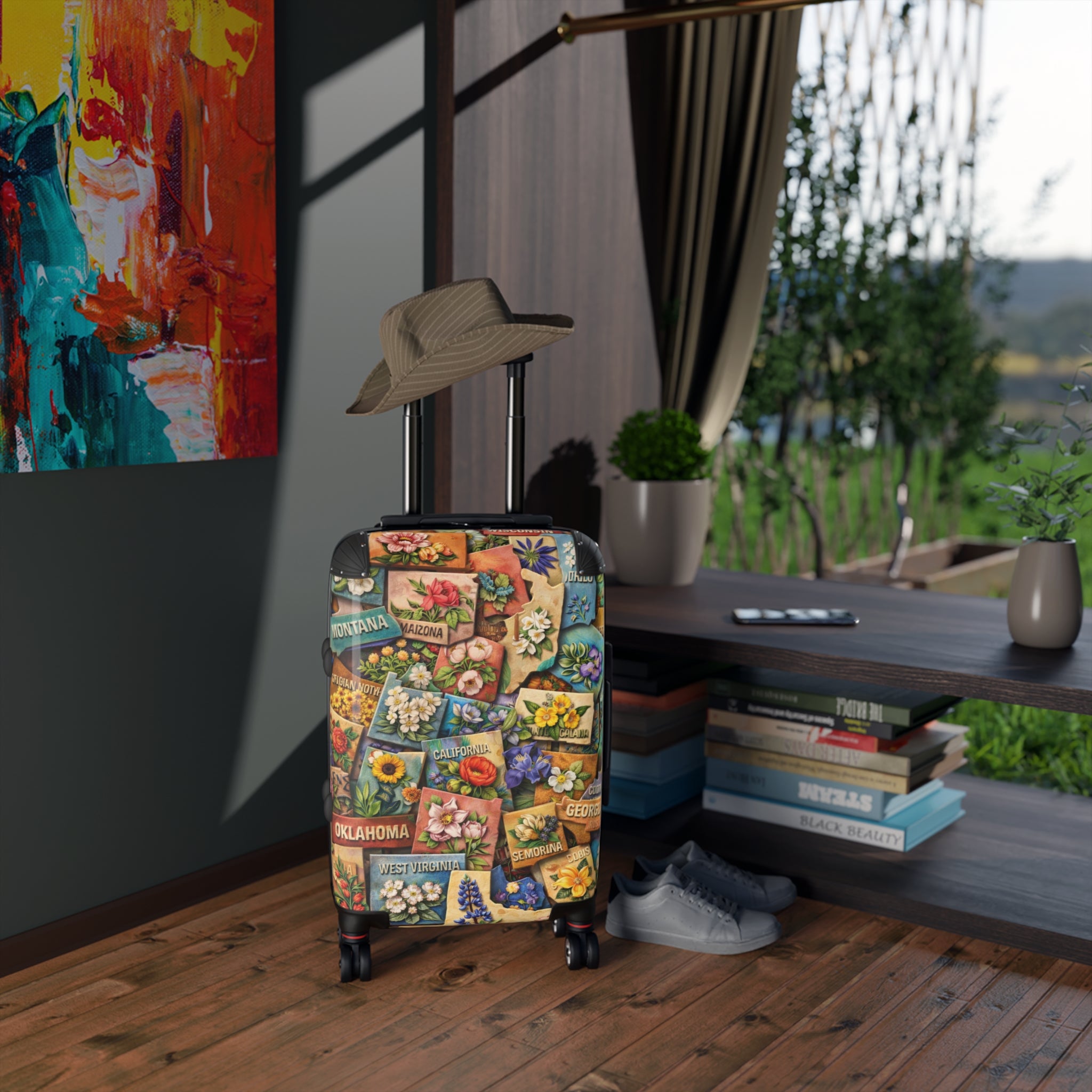 USA State Map Collage with State Flowers Suitcase
