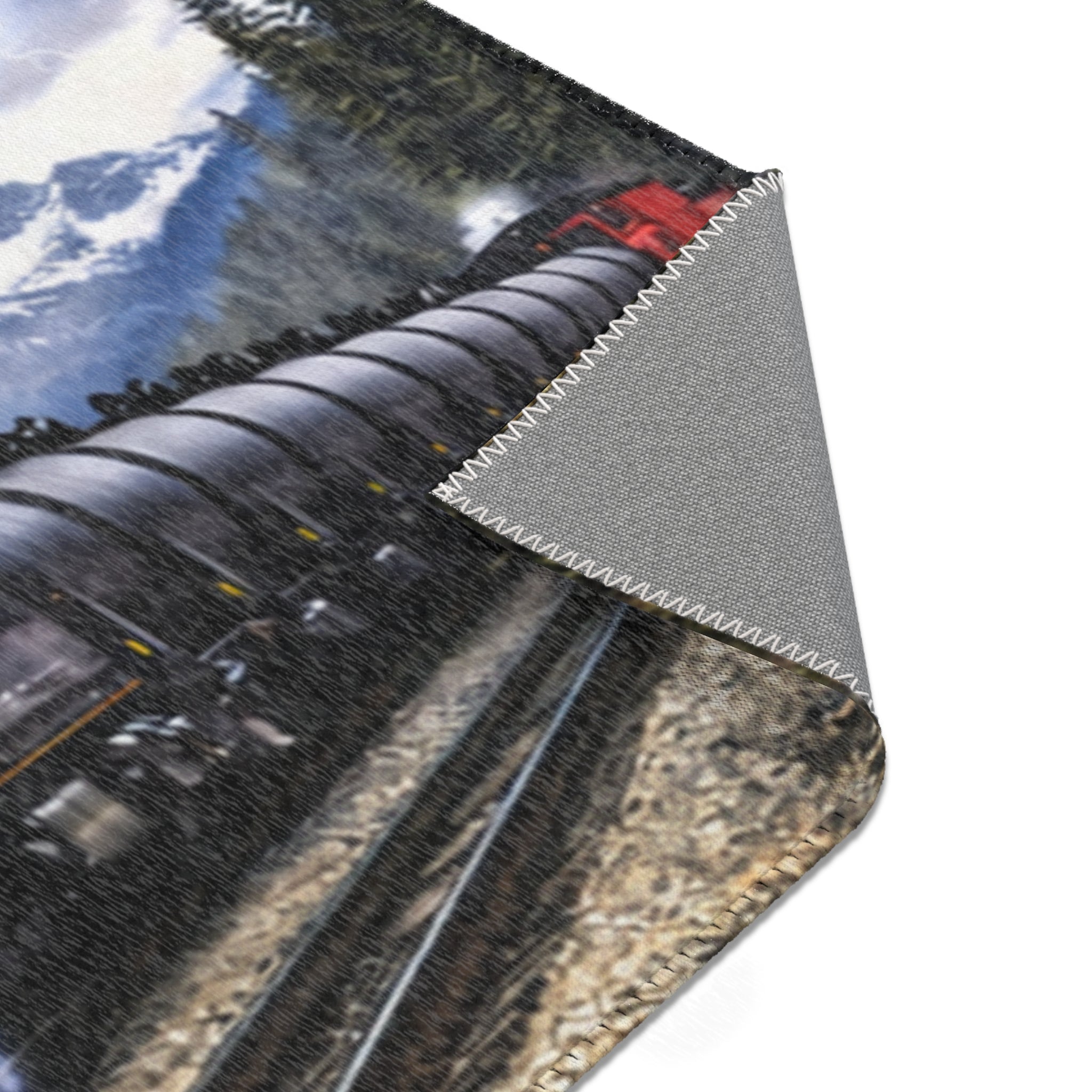Vintage Steam Locomotive Area Rug | Train Engine Mountain Scene