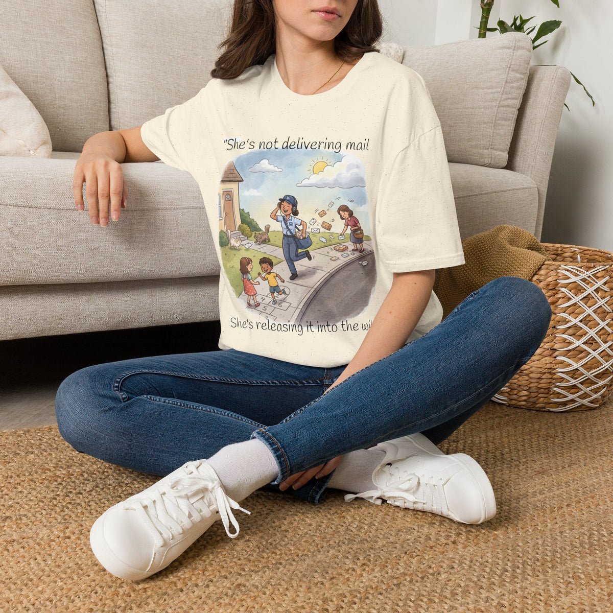 T‑Shirt – "She’s not delivering mail, she’s delivering a little wind" Cute Postal Worker Illustration Tee