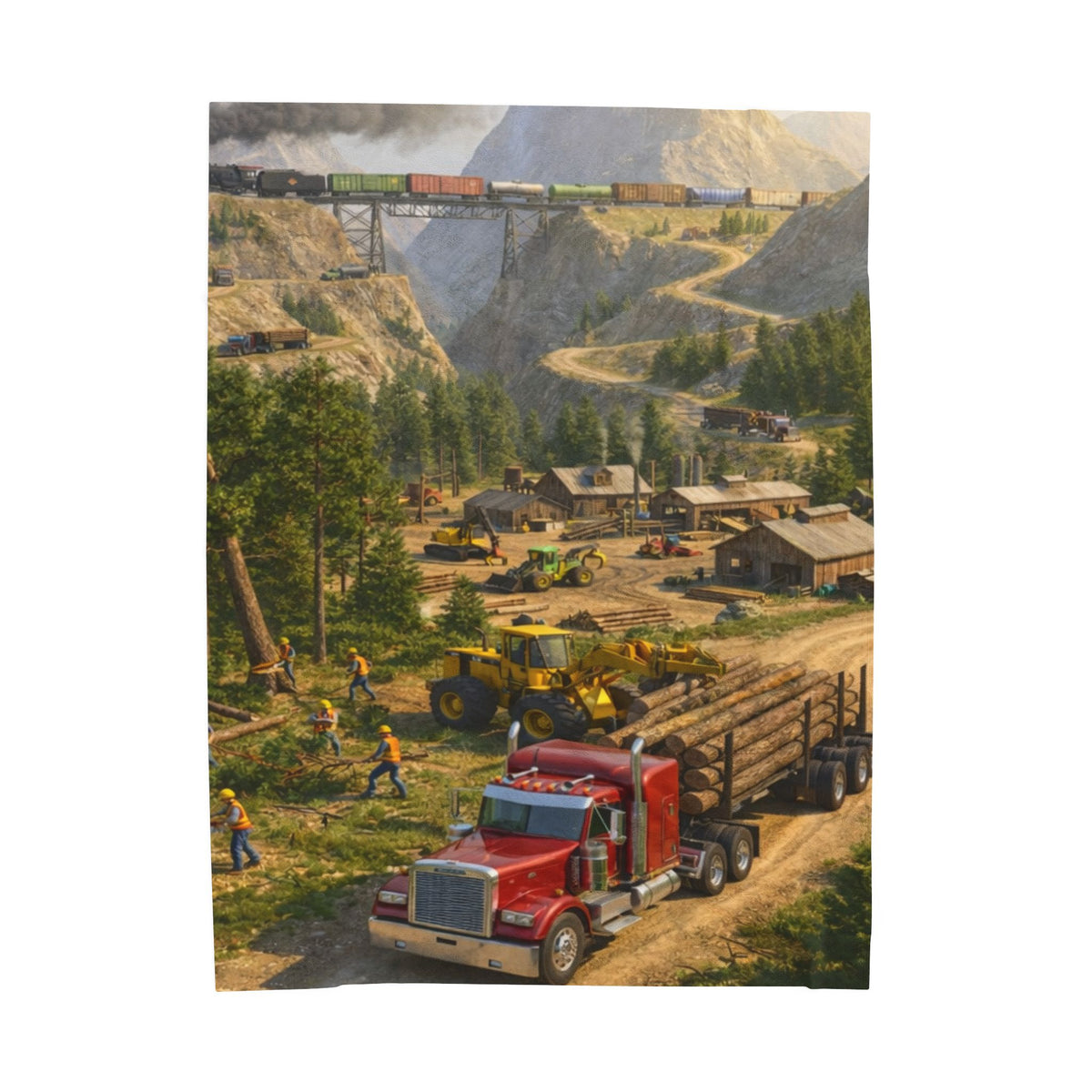 Red Tractor Logging Scene Velveteen Plush Blanket | Quarry Train Illustration