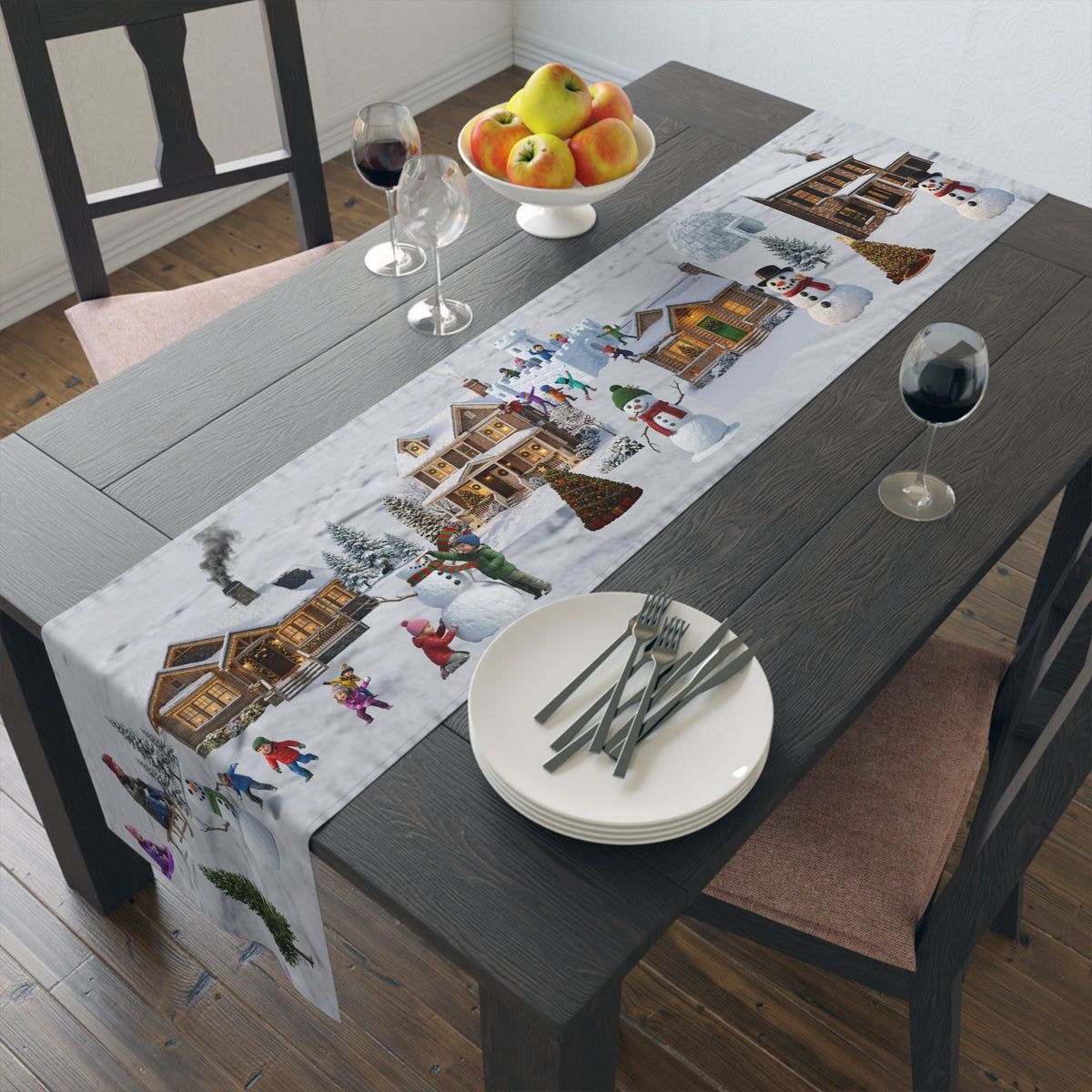 Storybook Snowman Village Table Runner | Winter Wonderland Holiday Decor