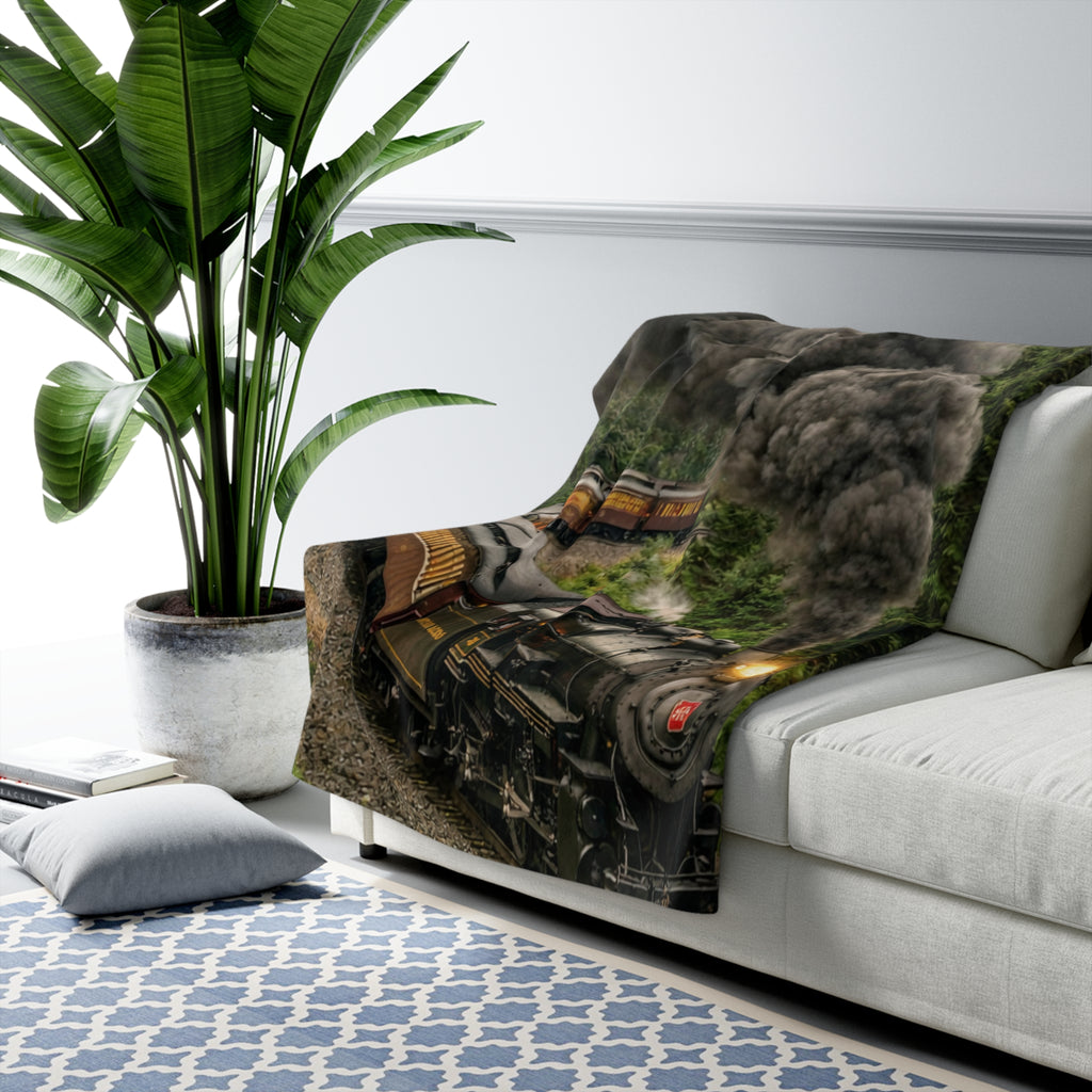 Vintage Steam Train Sherpa Fleece Blanket | Scenic Railroad Throw