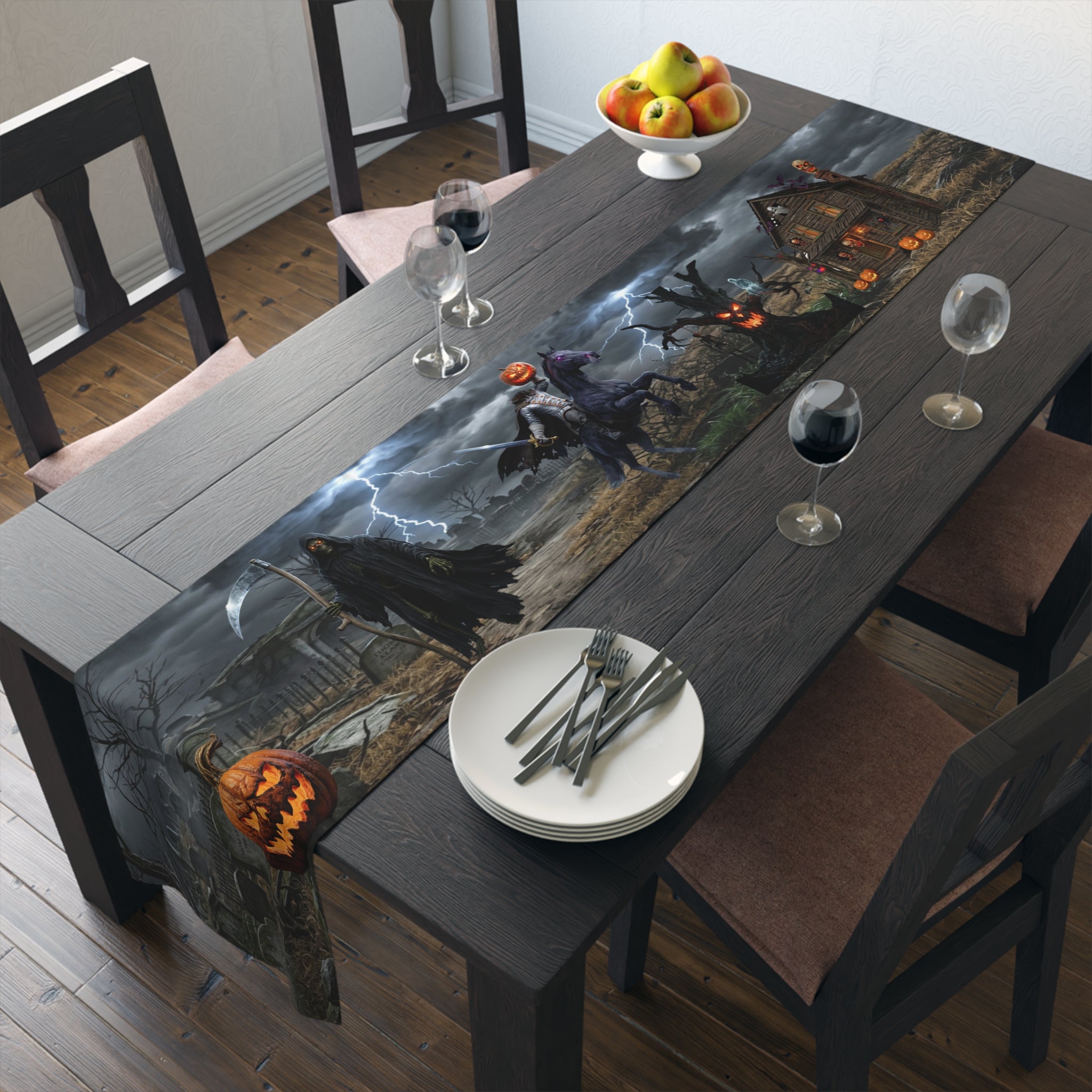 Haunted Graveyard Table Runner — Spooky Halloween Haunted House & Jack-o’-Lantern Décor
