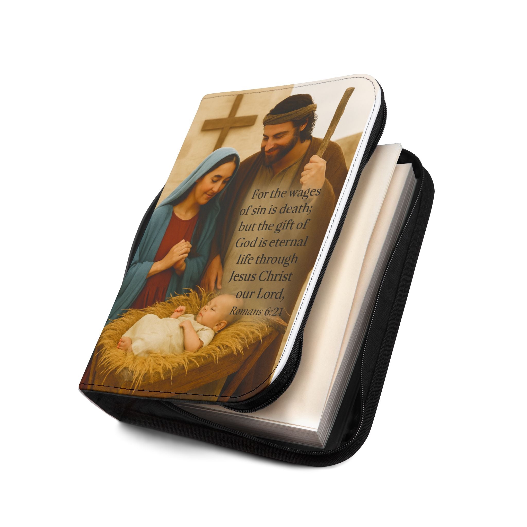 Bible Cover Baby Jesus in Manger/Mary/Joseph/Romans 6:21/ 100% PU Leather