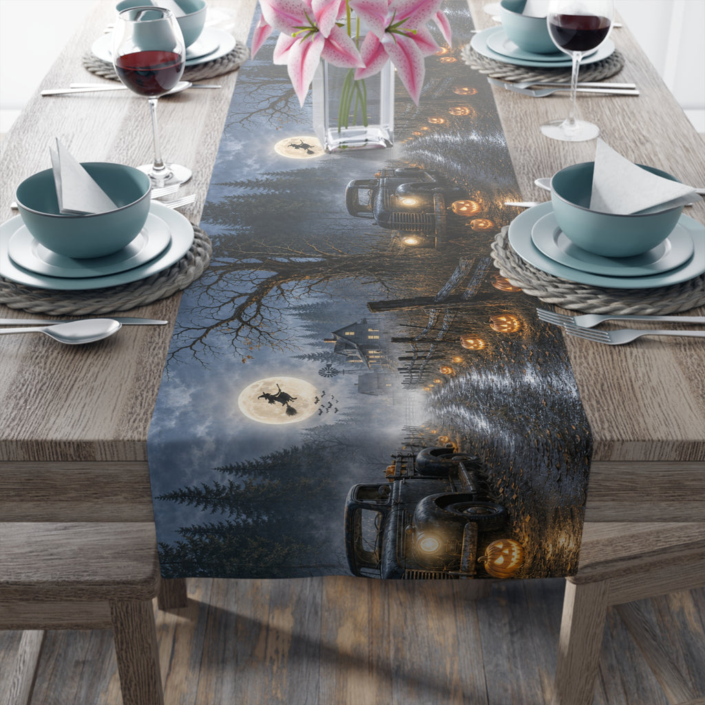 Spooky Truck Halloween Table Runner | Pumpkin Lined Road, Full Moon