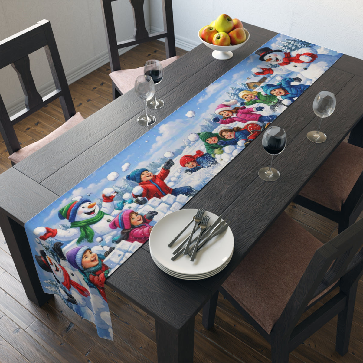 Snowball Fight Snowman Table Runner | Winter Christmas Table Decor