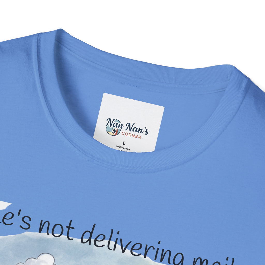 T‑Shirt – "She’s not delivering mail, she’s delivering a little wind" Cute Postal Worker Illustration Tee