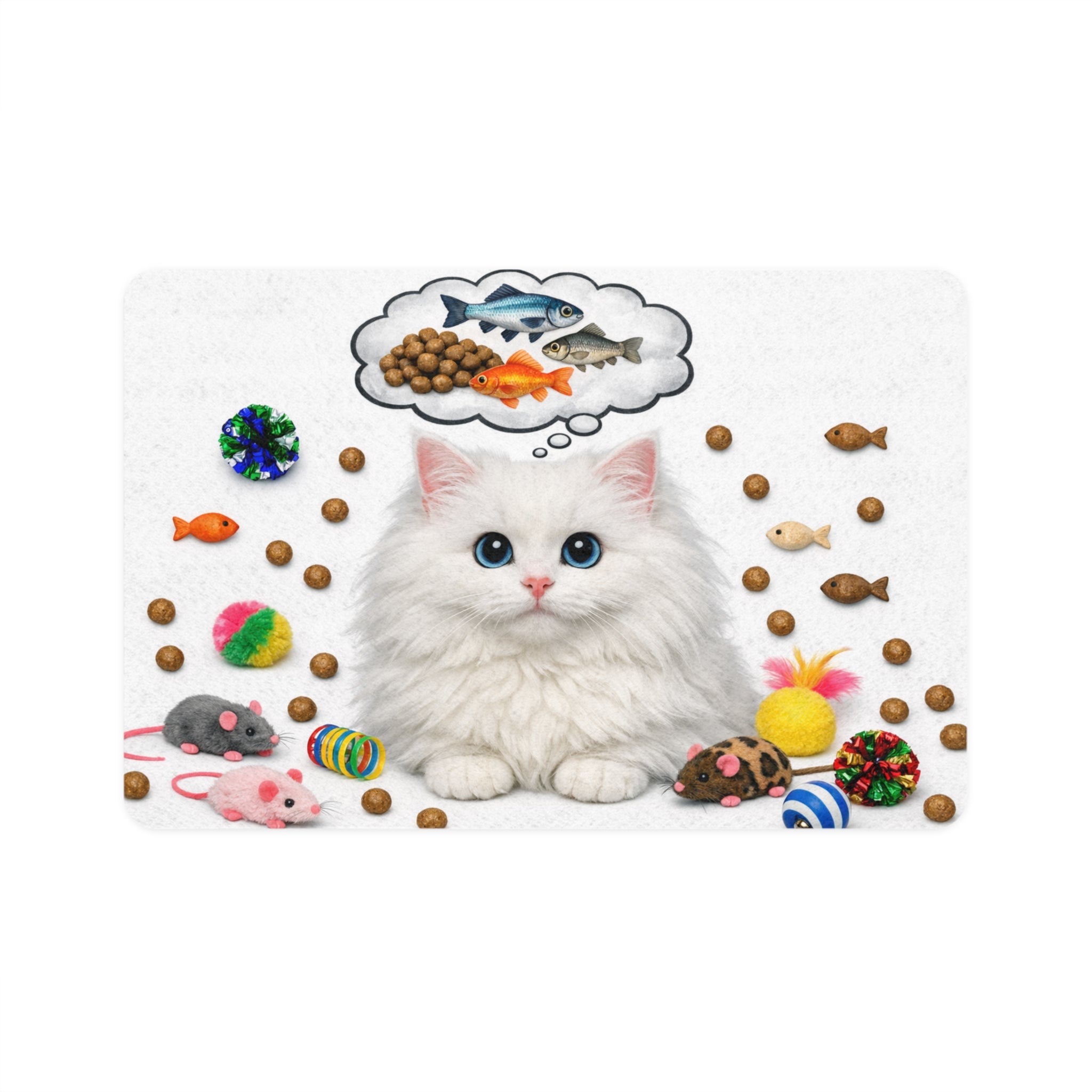White Cat with Toys Pet Food Mat | 12x18 Cat Feeding Mat
