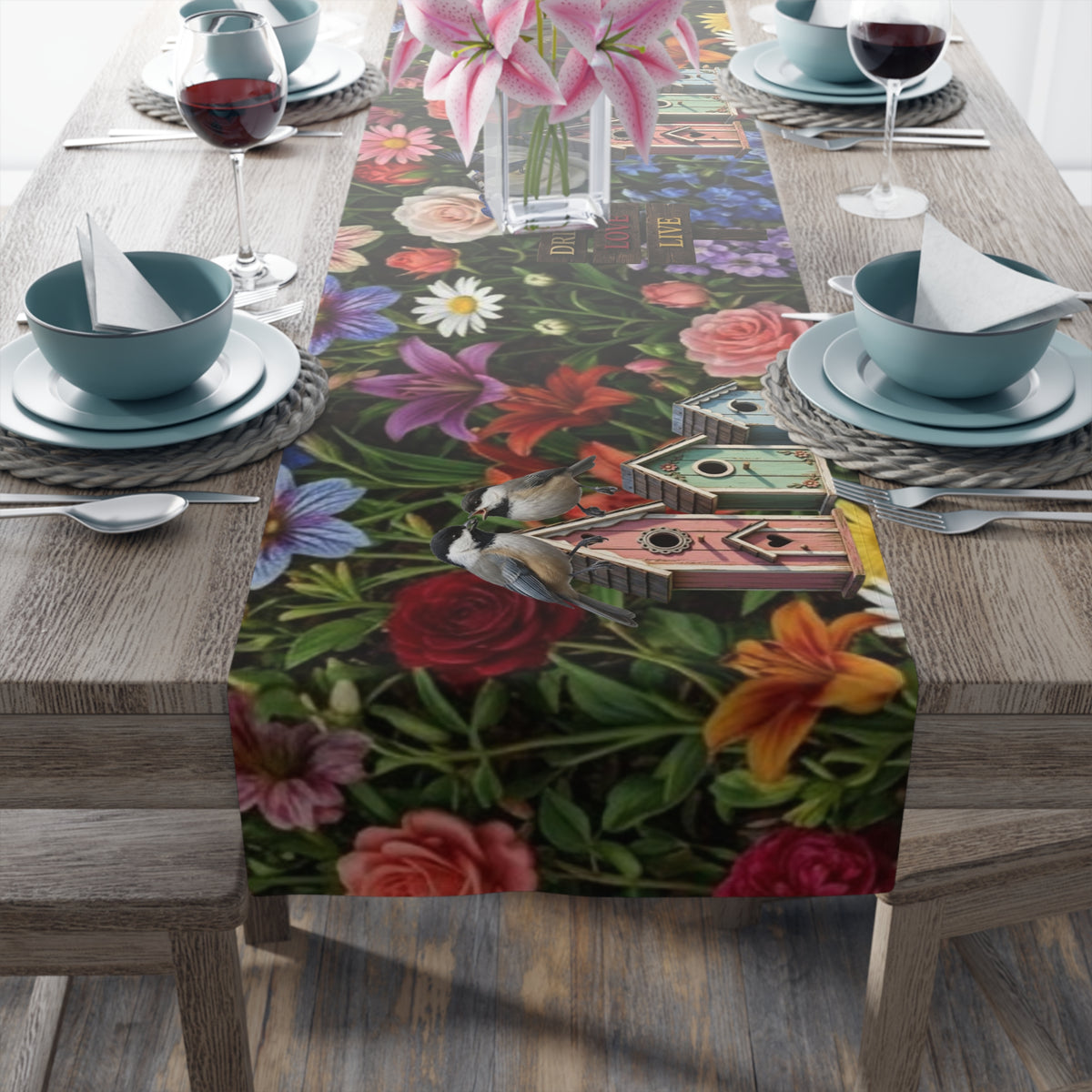 Floral Garden Birds Table Runner | Cottage Garden Birdhouse & Floral Decor