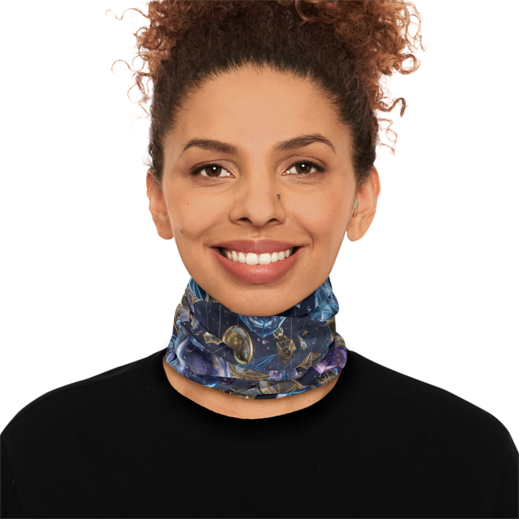 Cosmic Geometry Neck Gaiter | Celestial Moon & Crystal Orbs
