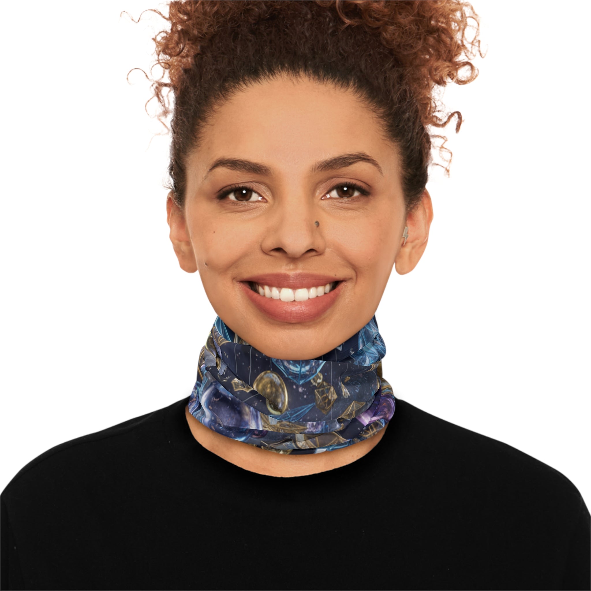 Cosmic Geometry Neck Gaiter | Celestial Moon & Crystal Orbs