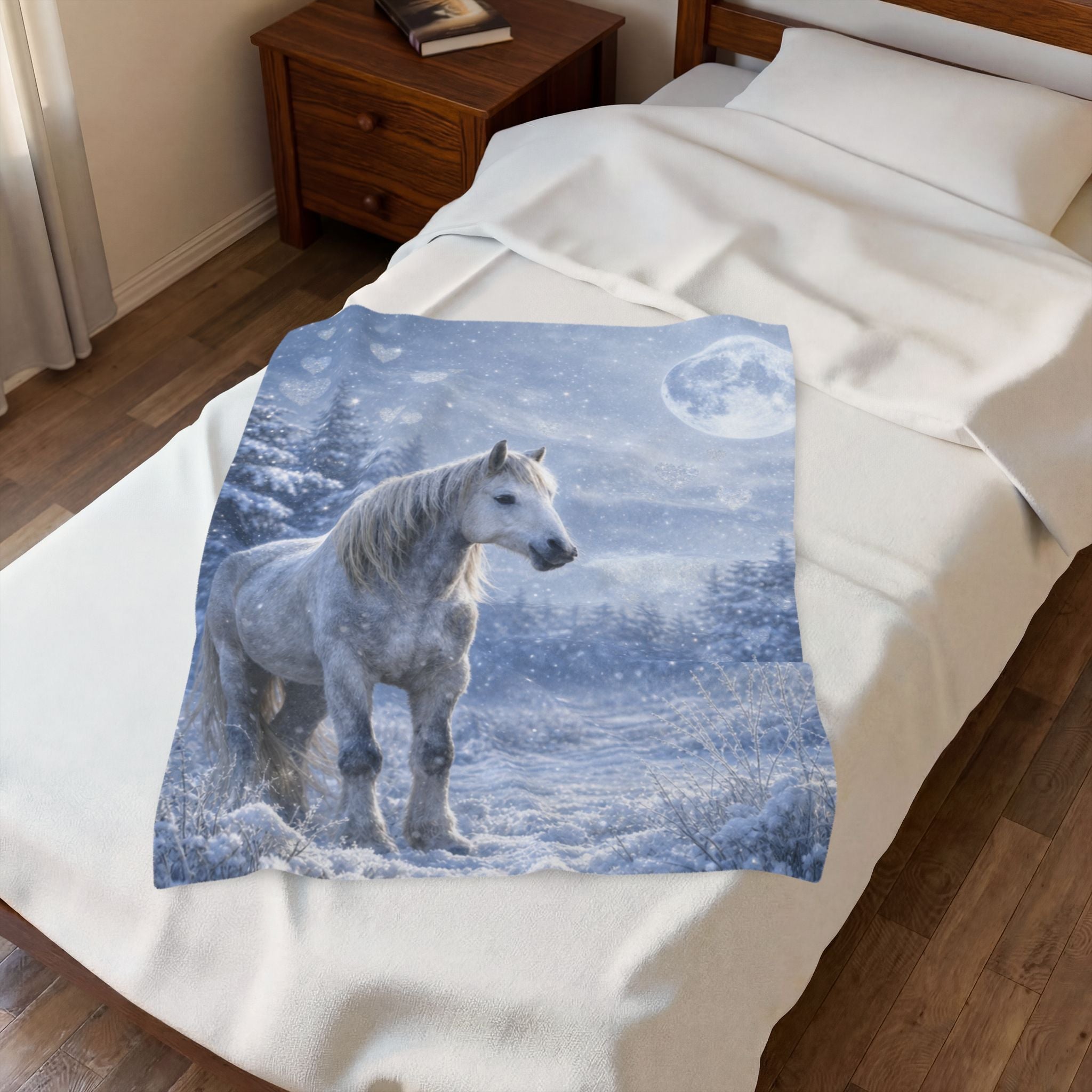 White Horse Winter Moon Velveteen Plush Blanket | Fantasy Forest Print