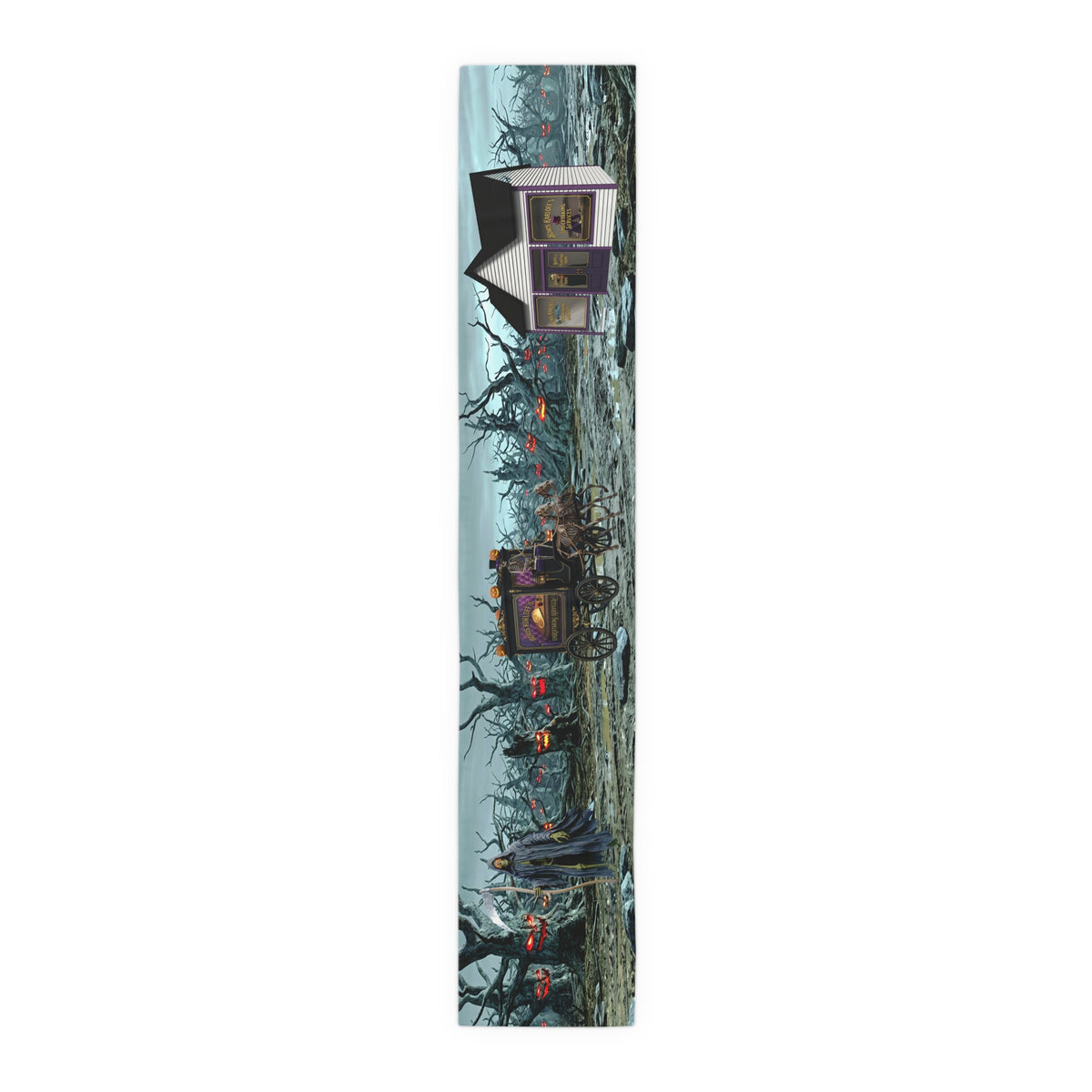 Haunted Hearse Carriage Table Runner | Gothic Horse-Drawn Carriages & Moonlit Marsh Scene