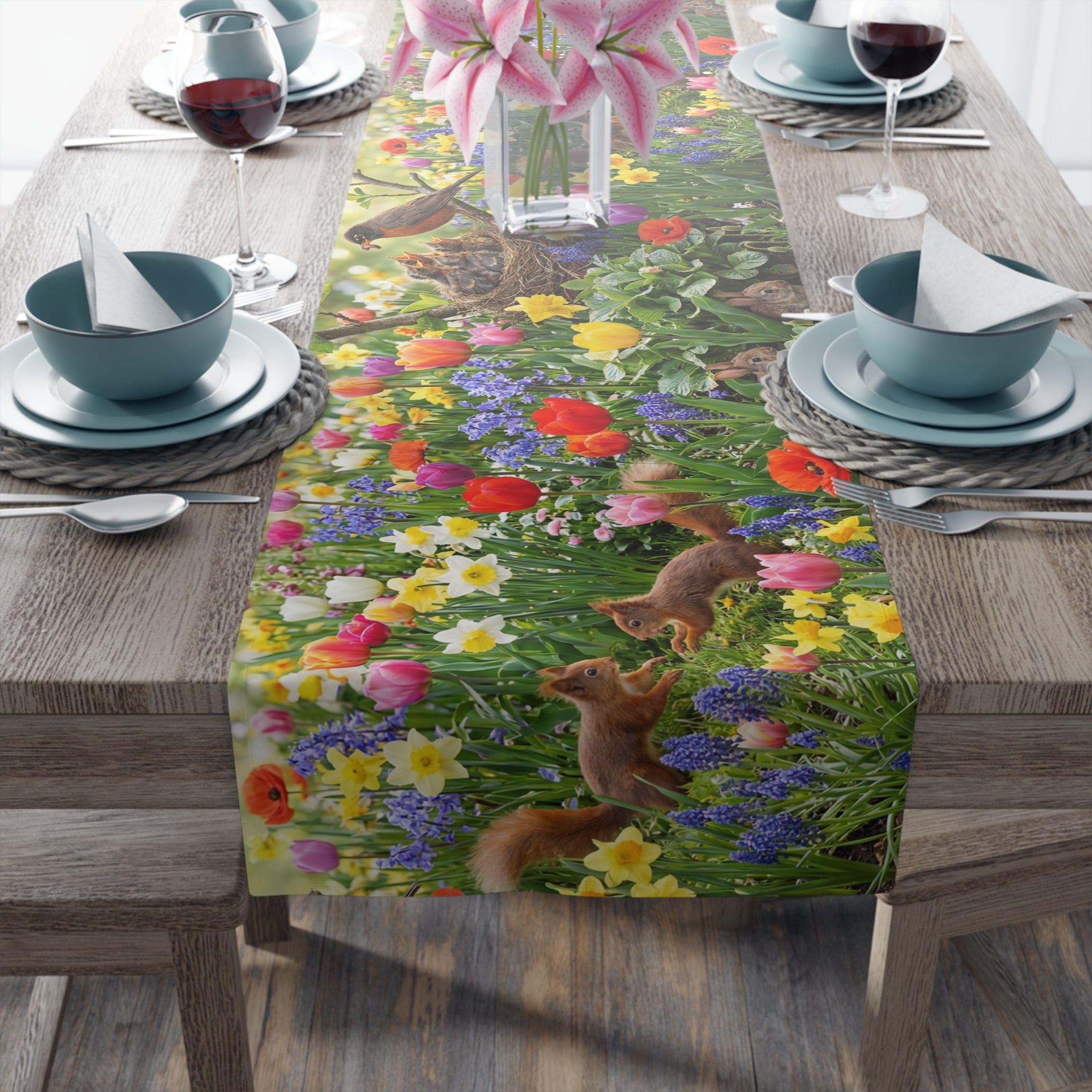 Spring Garden Birds Table Runner / Floral Tulip & Daffodil Dining Decor