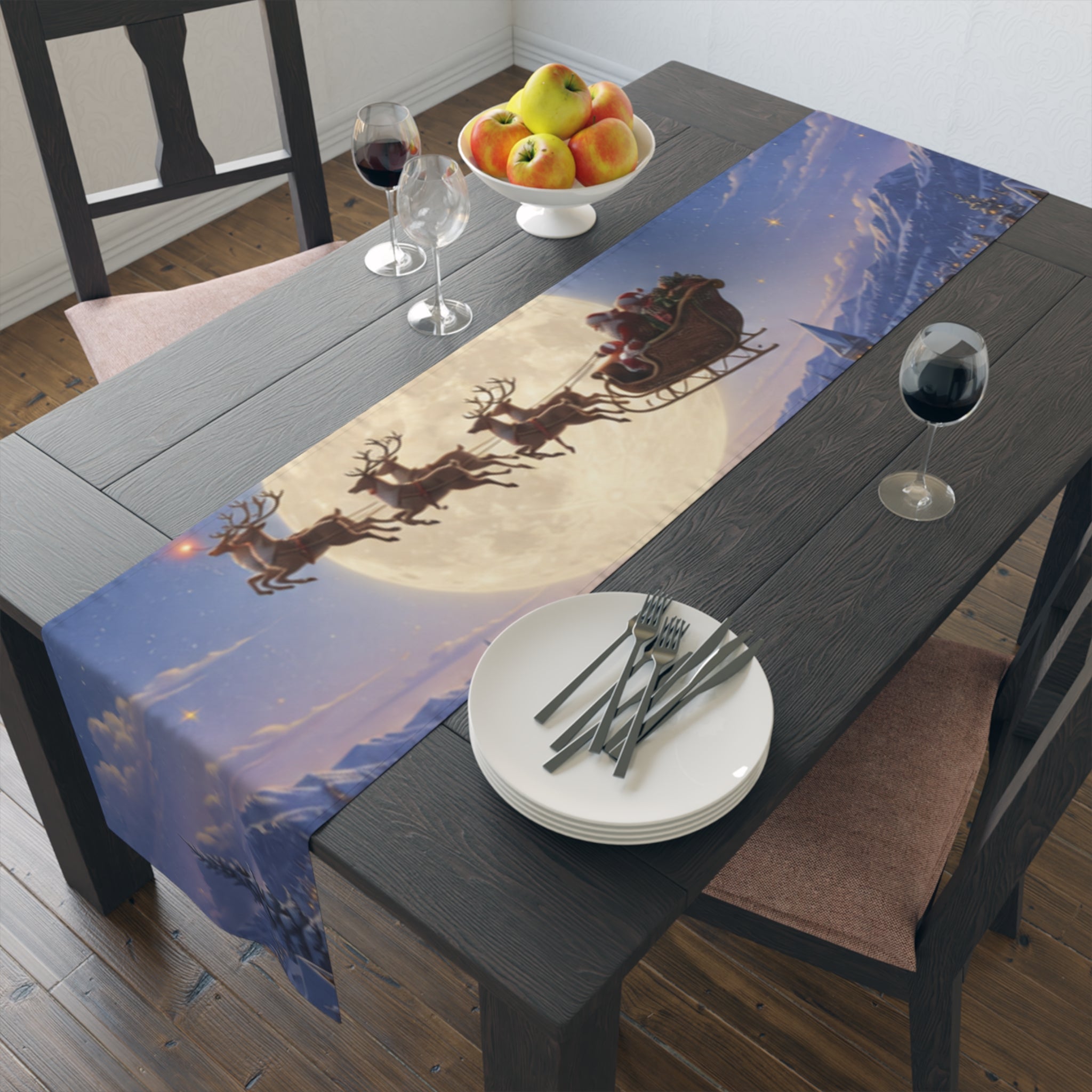 Santa and Reindeer Moonlit Scene Table Runner