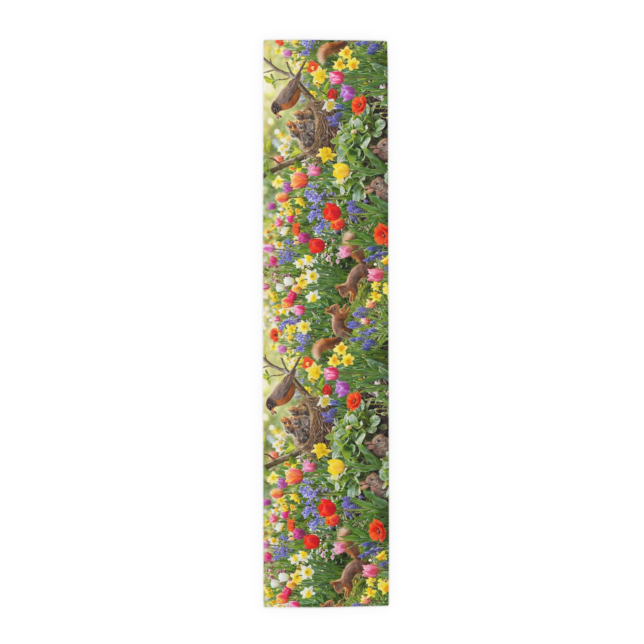 Spring Garden Birds Table Runner / Floral Tulip & Daffodil Dining Decor