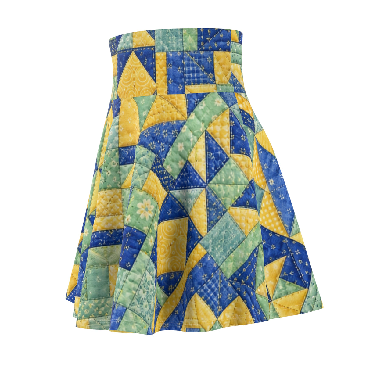 Patchwork Quilt Pattern Skater Skirt | Blue Yellow Green Cottagecore