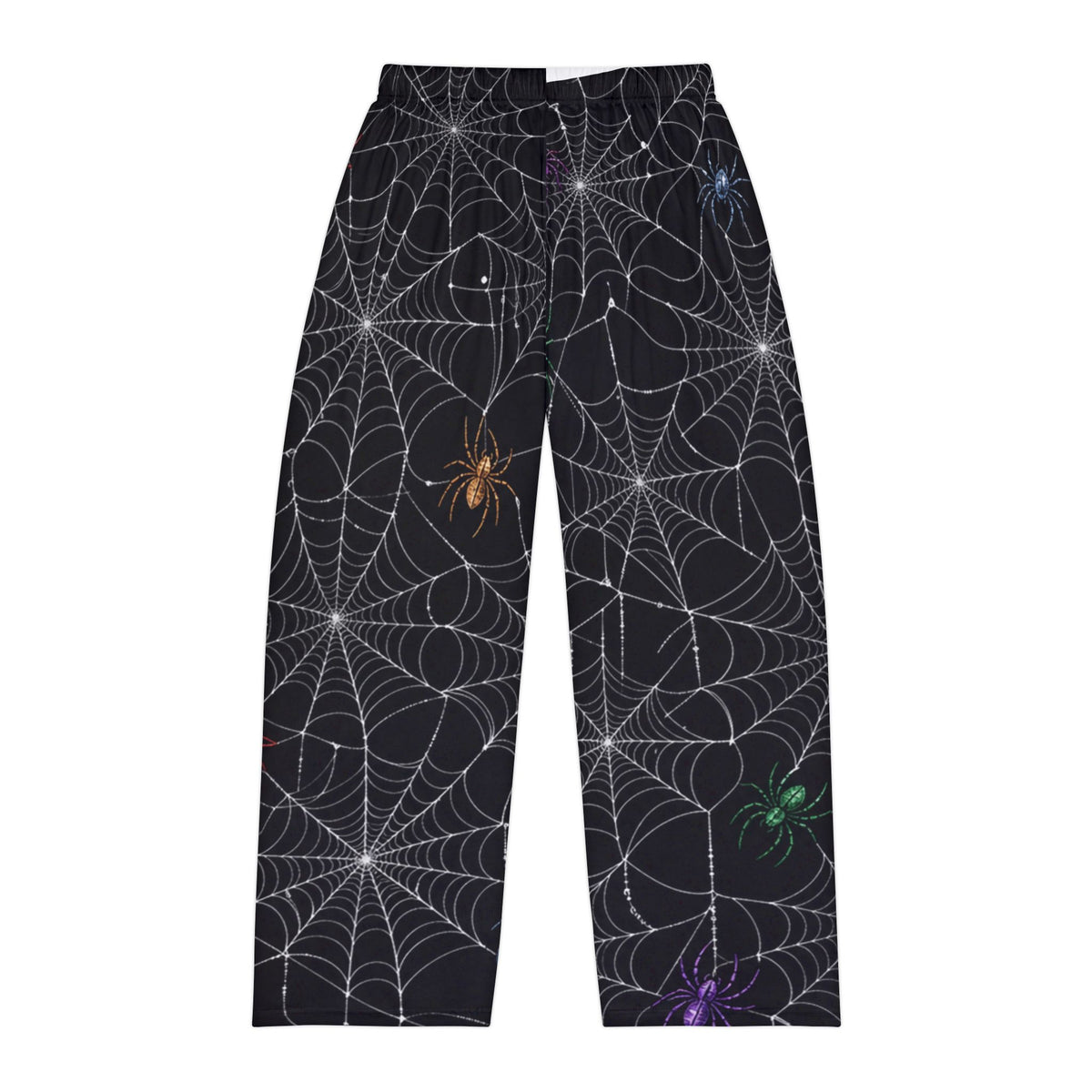 Spiderweb Pajama Pants — Men’s Halloween Lounge Pants with Colorful Spiders