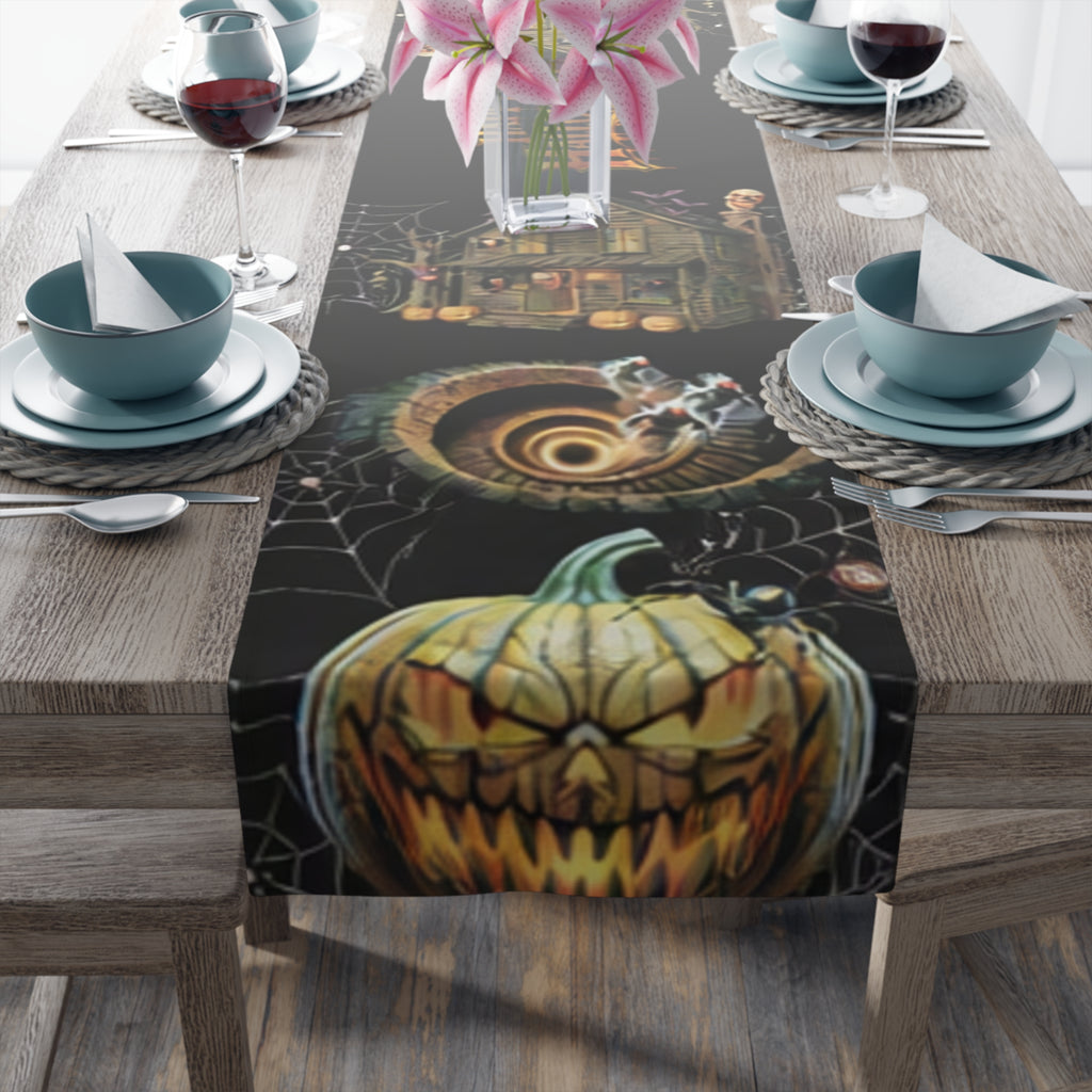 Gothic Haunted House Table Runner | Jack-O'-Lanterns & Cobwebs – Halloween Decor