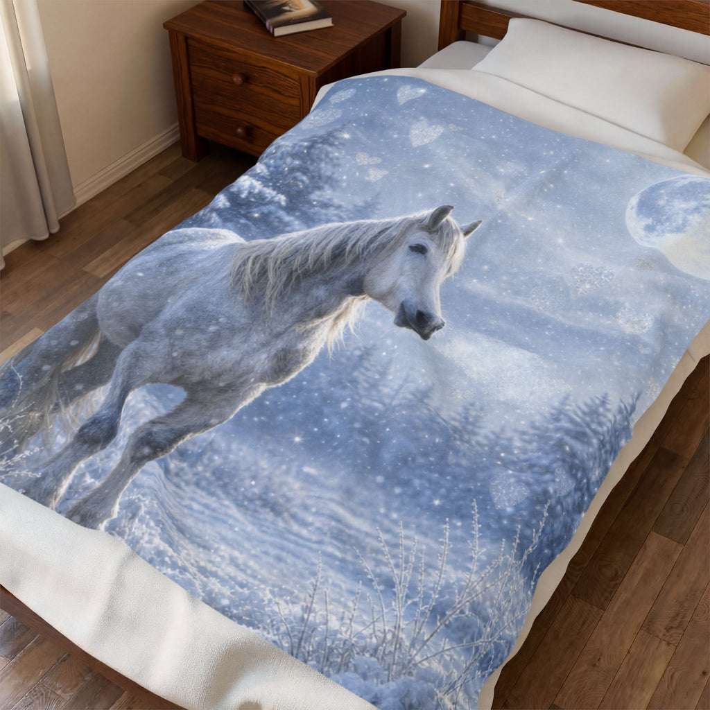 White Horse Winter Moon Velveteen Plush Blanket | Fantasy Forest Print