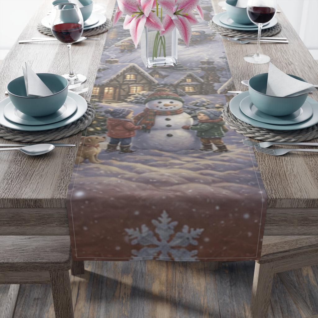 Storybook Snowman Village Table Runner, Winter Wonderland Cotton Poly