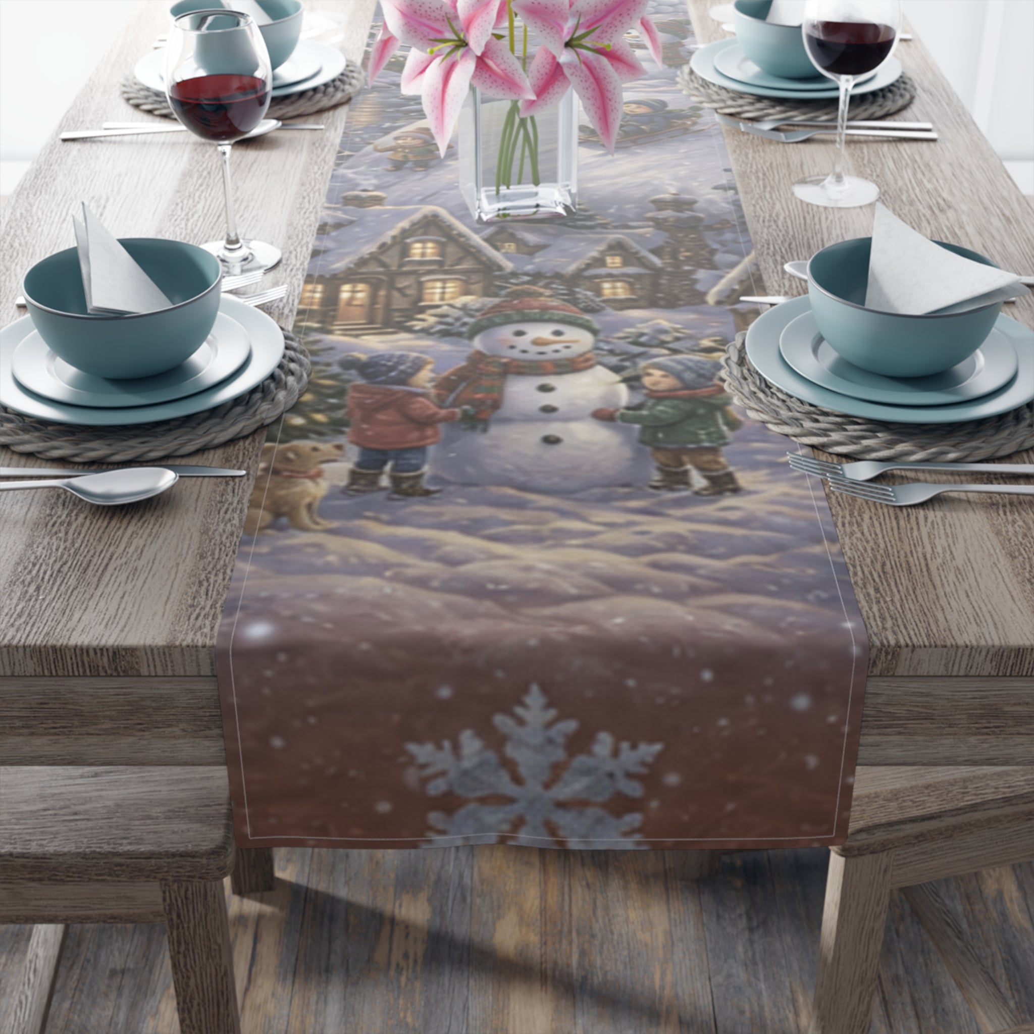 Storybook Snowman Village Table Runner, Winter Wonderland Cotton Poly
