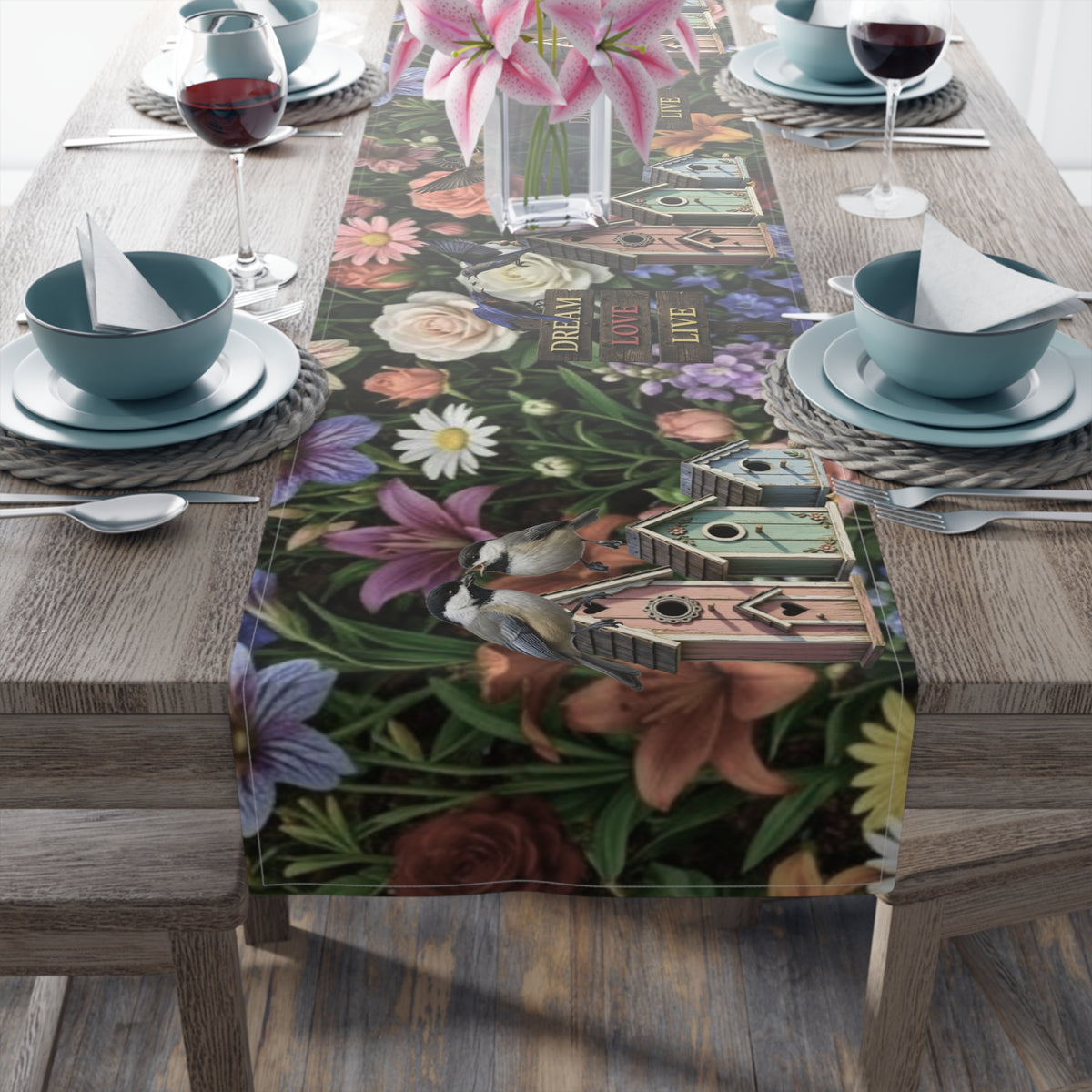 Floral Garden Birds Table Runner | Cottage Garden Birdhouse & Floral Decor