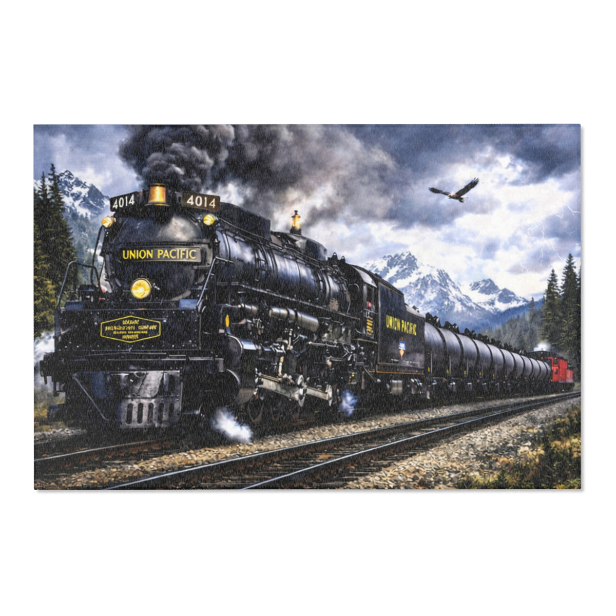 Vintage Steam Locomotive Area Rug | Train Engine Mountain Scene