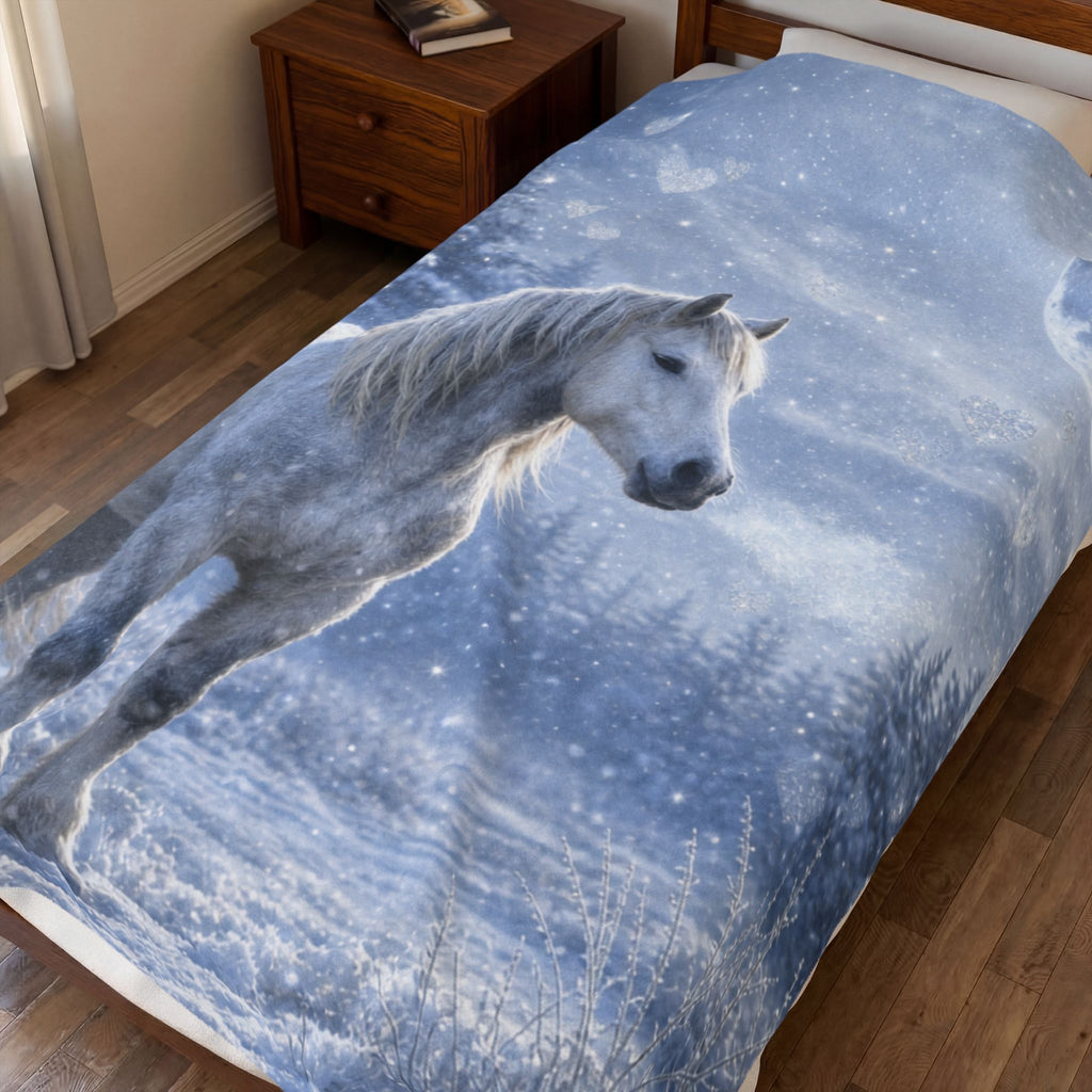 White Horse Winter Moon Velveteen Plush Blanket | Fantasy Forest Print
