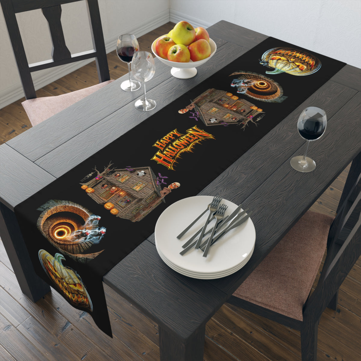 Jack-O'-Lantern & Haunted House Table Runner | Vintage Halloween Storybook Decor