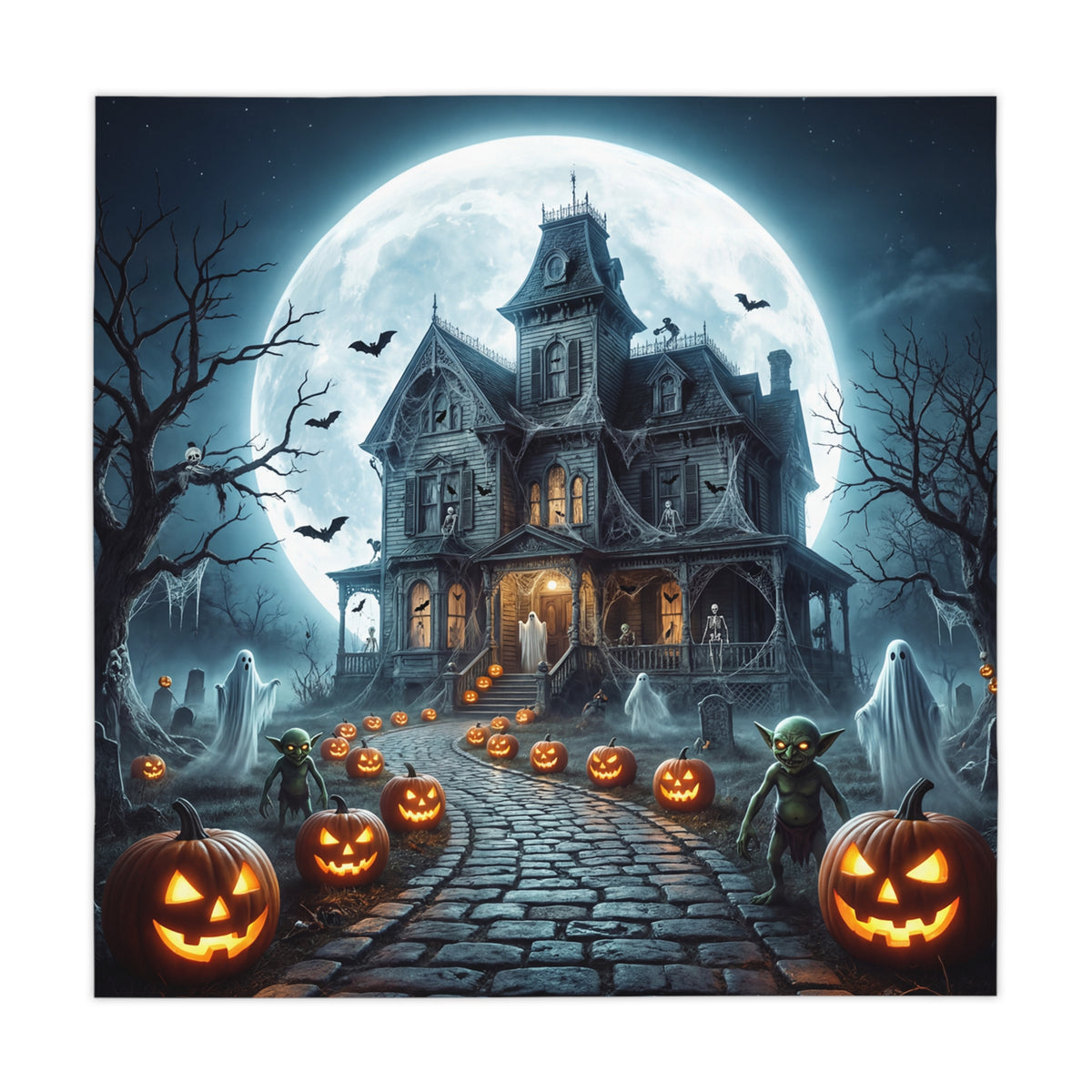 Haunted House Halloween Tablecloth | Moonlit Jack-O'-Lanterns & Drifting Ghosts