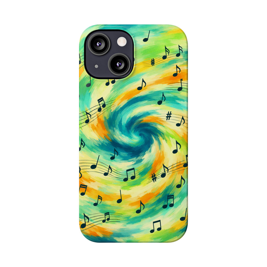 Music Notes Swirl Slim Phone Case | Colorful Turquoise Yellow Galaxy