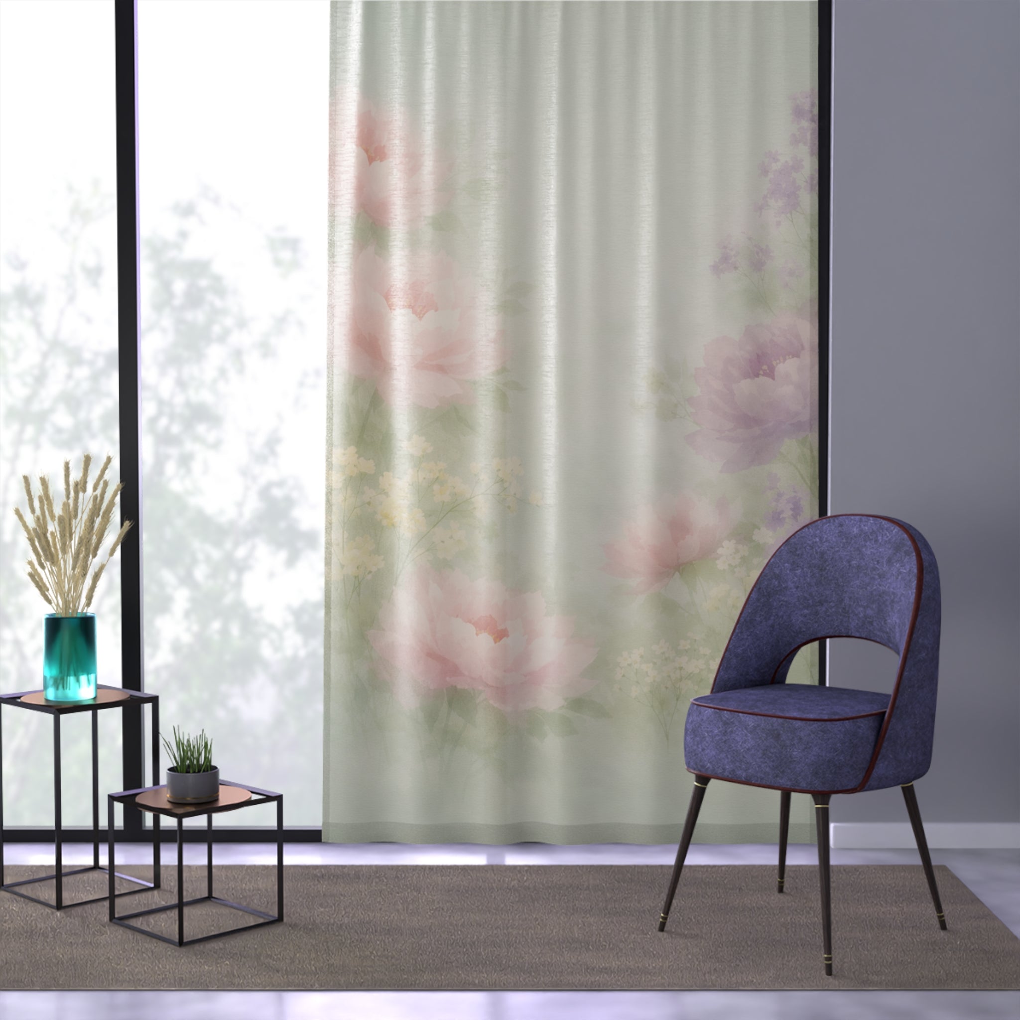 Soft Watercolor Peonies Window Curtain | Floral Sheer Drapery