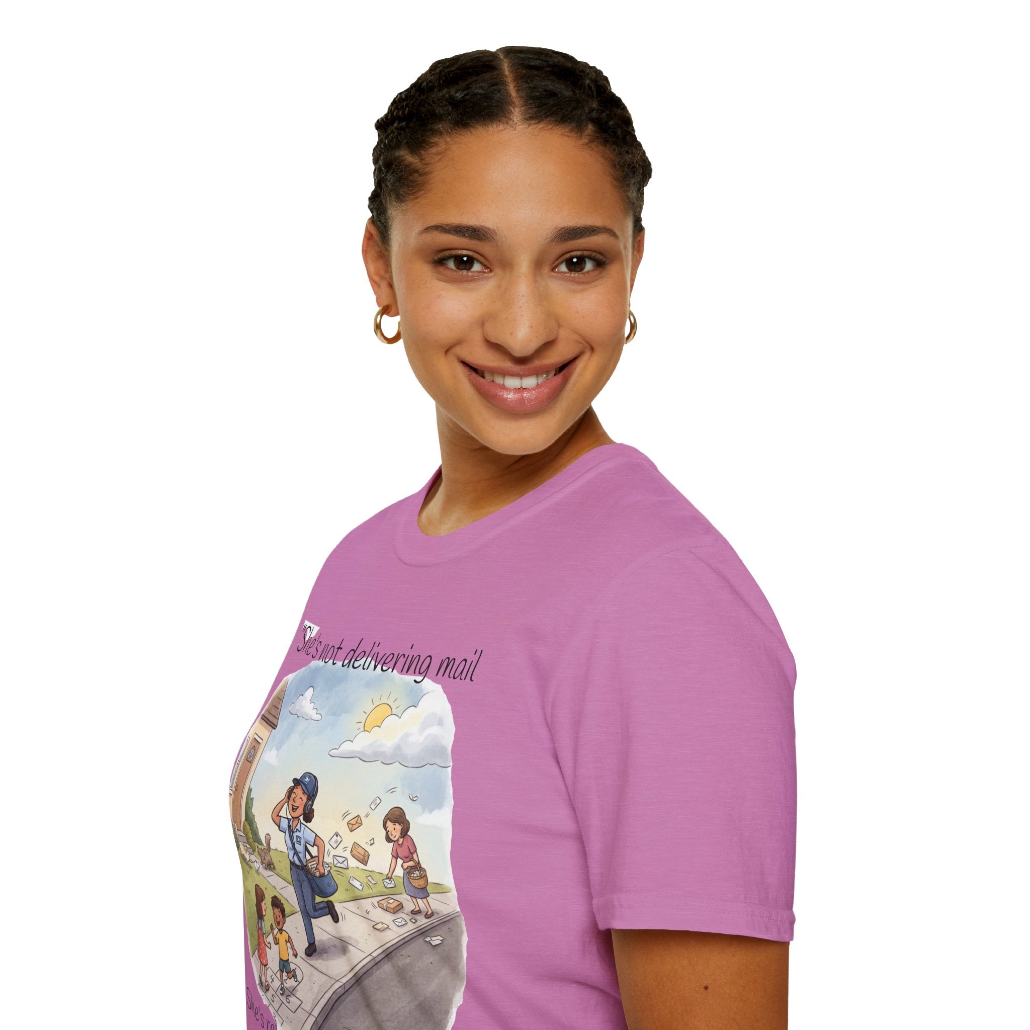 T‑Shirt – "She’s not delivering mail, she’s delivering a little wind" Cute Postal Worker Illustration Tee