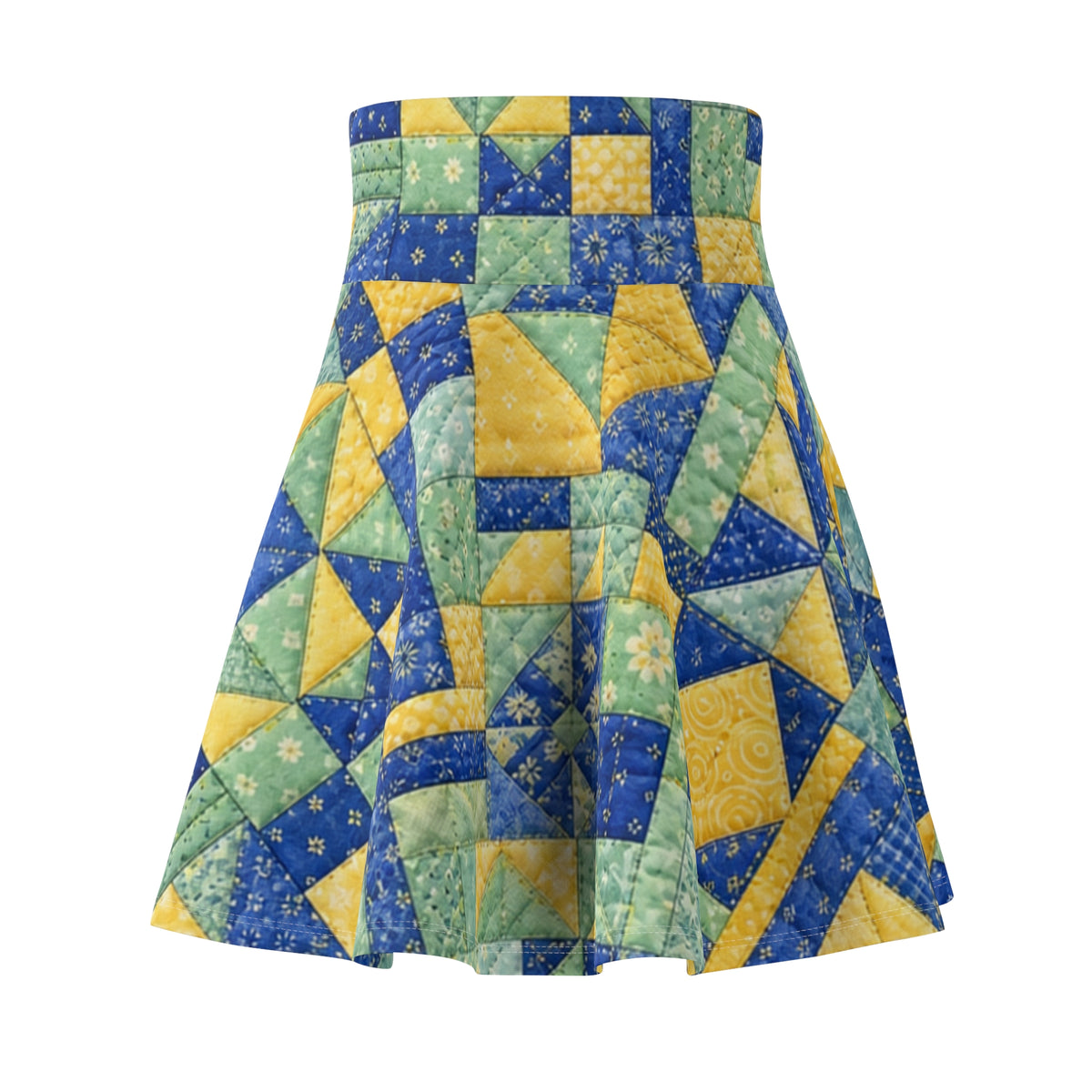 Patchwork Quilt Pattern Skater Skirt | Blue Yellow Green Cottagecore