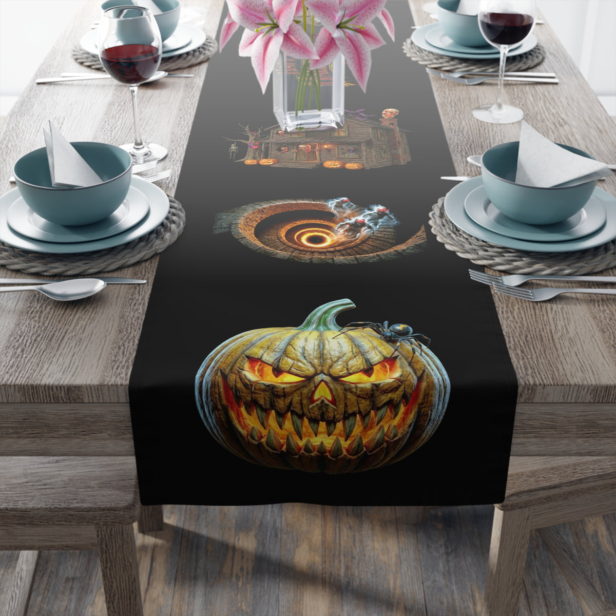 Jack-O'-Lantern & Haunted House Table Runner | Vintage Halloween Storybook Decor